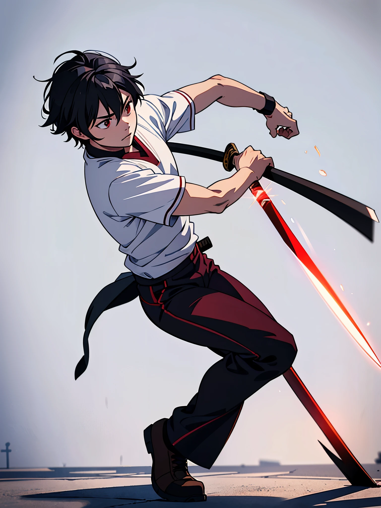 top quality, work, 1 person, solo, full body,sai akuto,action,katana,red aura,gray pants, white shirt, short sleeves, middle part hair, black hair, middle part shaved middle school outfit, school, background, light and shadow, lighting,red aura background,action,katana