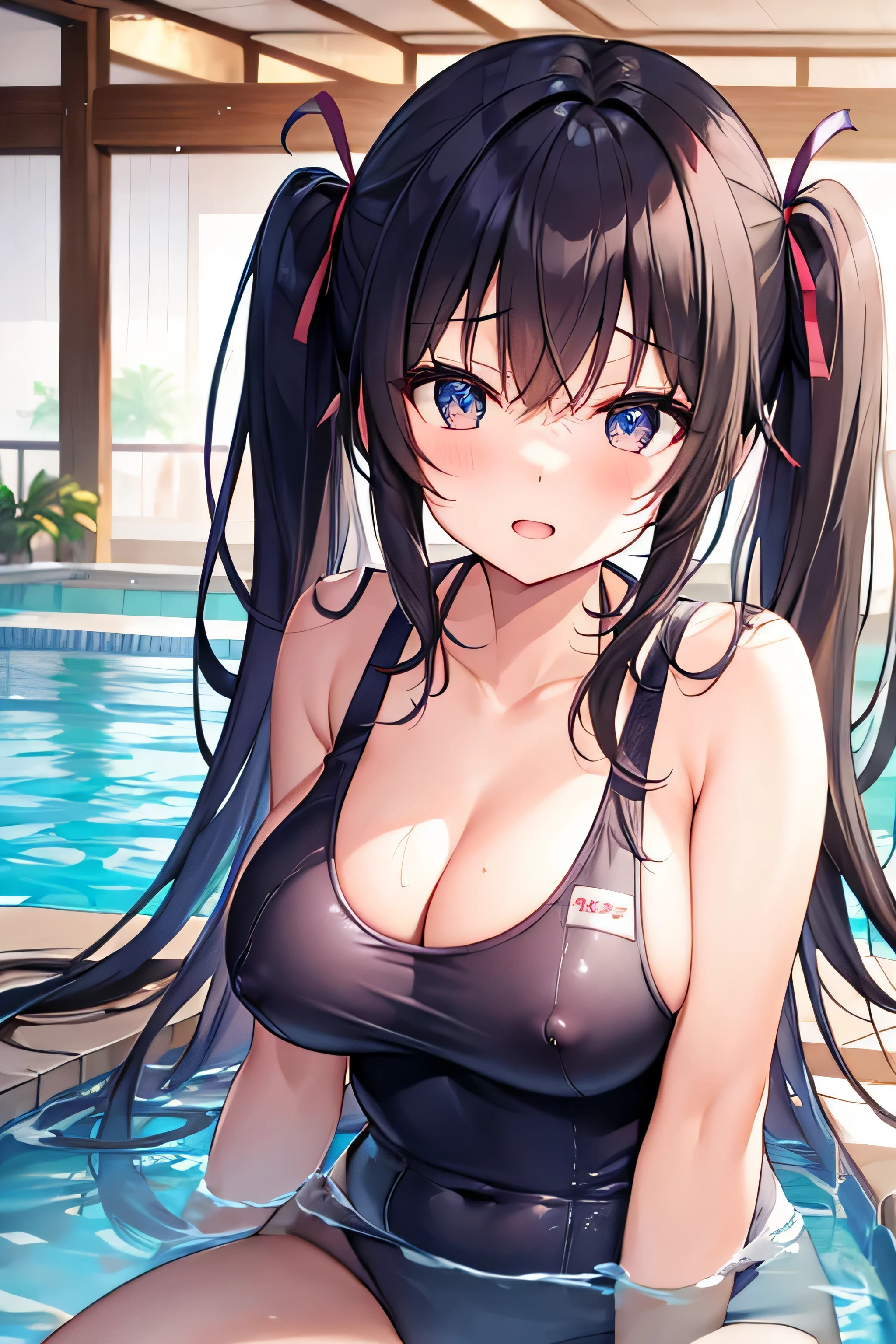 masterpiece、best image quality、ultra high resolution、teen with big tits、twin tail hairstyle、black hair、red face、shyly、mock、Open your mouth just a little、A school swimsuit that shows the cleavage of a girl、A school swimsuit that shows the cleavage of a teenage school、well-shaped lower body、indoor pool、Poolside