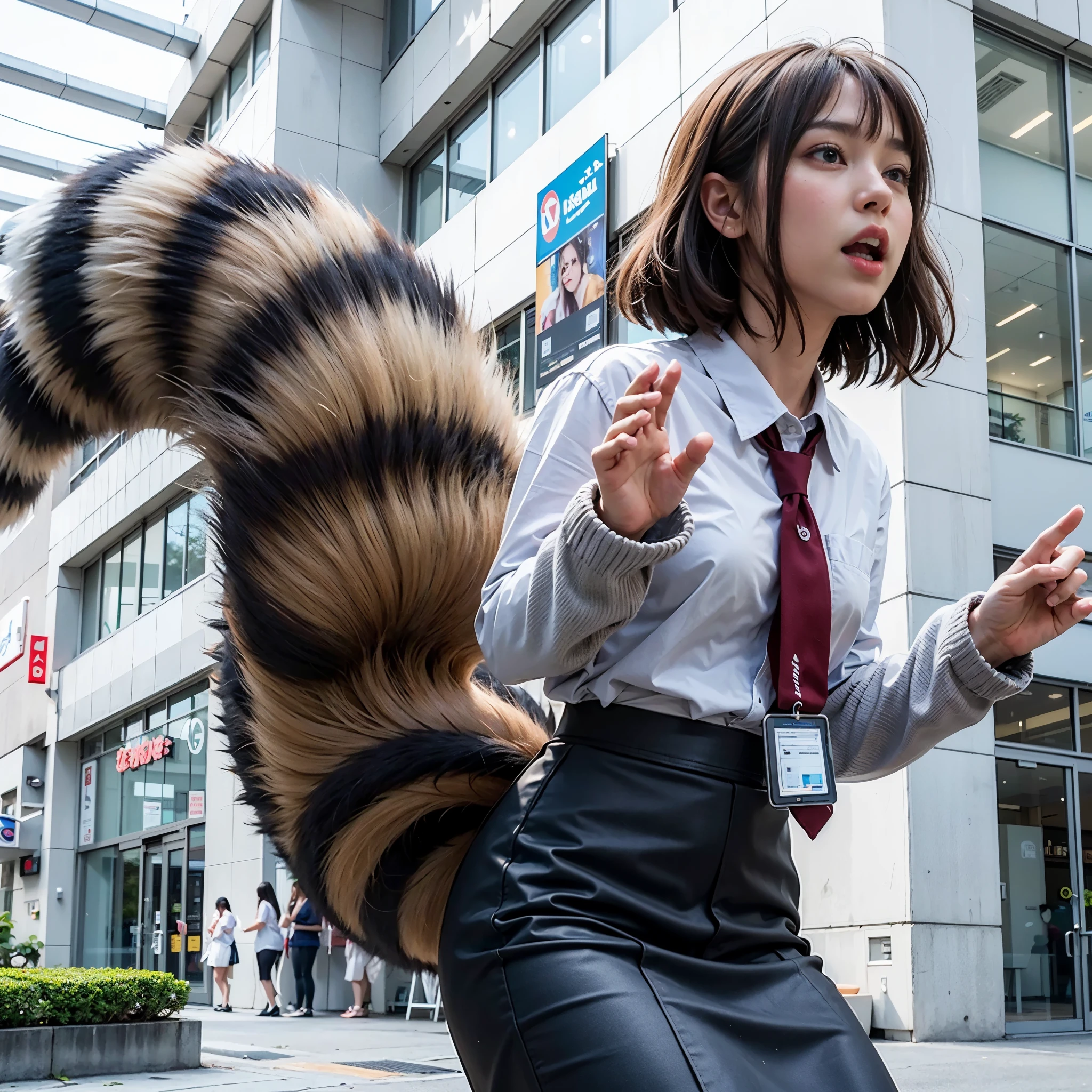 women with a tanuki tail, (software) safe for work, fur with tail, software version, colleague, realistic style, , realistic style , beautiful girl, photograph, 最high quality, (Her skirt is flipped up and her tail is visible.:1.8) ,Reality, small breasts, slender, white panties,tail from above panties, tail from inside the skirt, bushy tail, realistic tail, flat chest, (software) safe for work, nffsw, retina, muste piece, Accurate, anatomically correct, super detail, advanced details, high quality, 最high quality, High resolution, 1080p, 4k, 8K, The tail is sticking out from inside the skirt, long tail, be surprised to see the tail, eight-headed body, small face, blush, Red cheeks