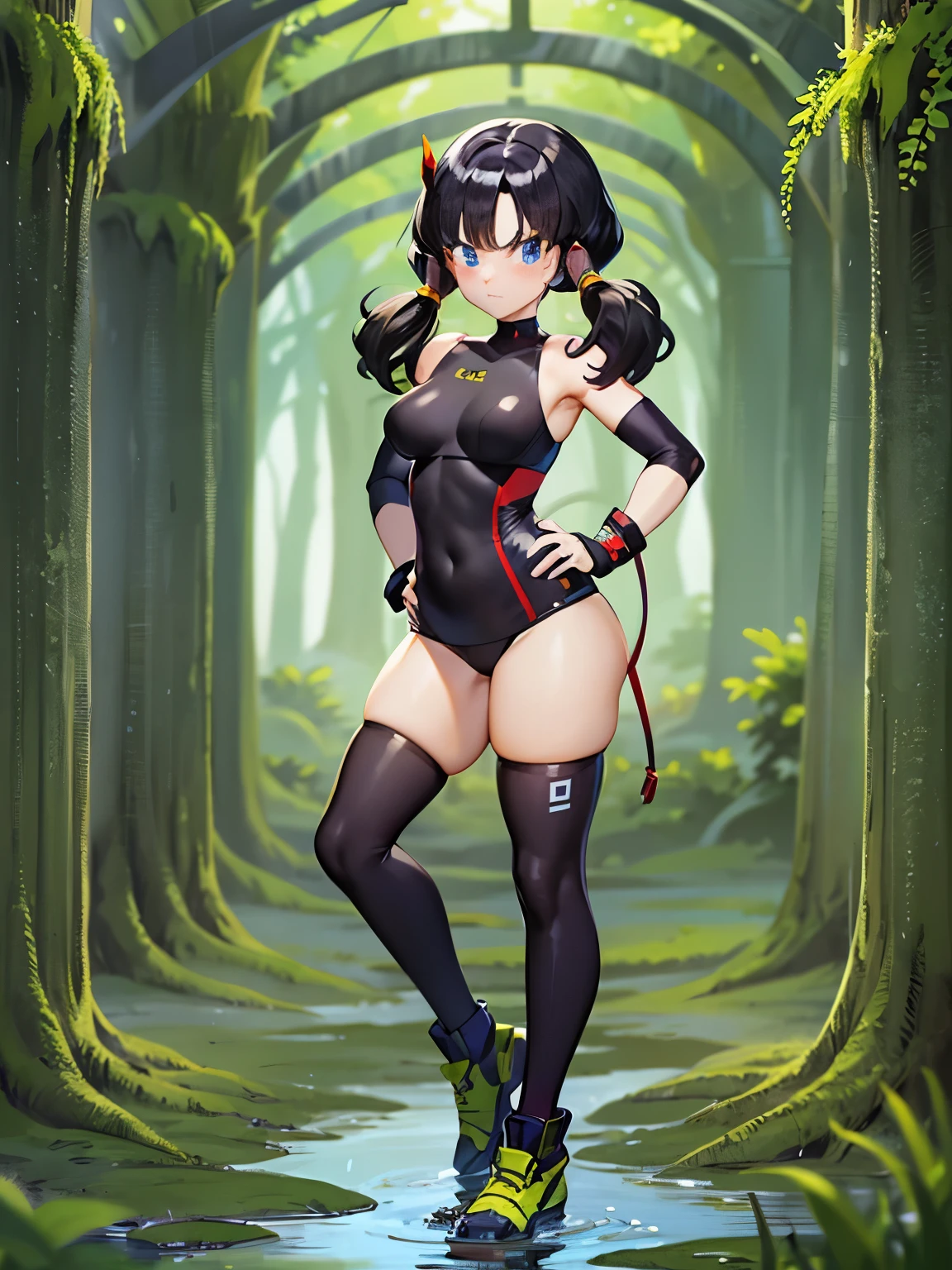 masterpiece, highest quality, High resolution, Full body image of a girl,saw 2, blue eyes, black hair, Low twintails and short cut, medium breasts, frown,blush, 1 girl, Black tight suit,streak,from neck to feet,place both hands on hips, looking at the viewer。black quagmire,Wandering in the swamp