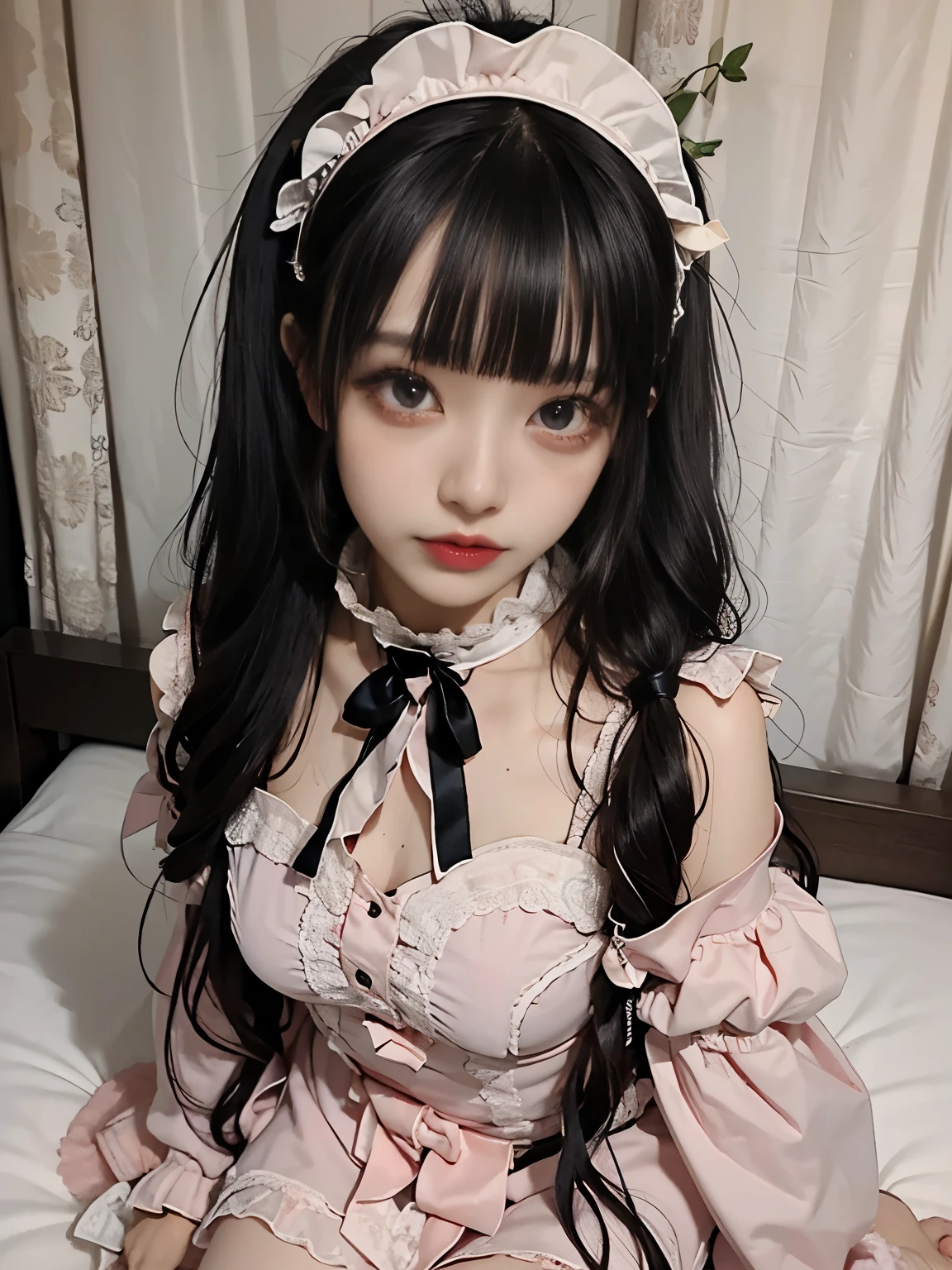 raw photo, 8k, (top-quality), Realistic, (real picture, Intricate details), (natural skin texture, detailed skin, hyper realism, sharpness), (Japanese teenage girl sitting on bed in a hotel at night, folding arms), ((maid costume with black and white, lolita fashion, gothic fashion), (((flat chast:1.5))), (slender body, pale skin:1.2), ((pig tail hairstyle, blunt bangs)), (provocative look, Parted lips:1.3, eye shadow, eyeliner, tear bag:1.3, red lips), night time, spot lighting:1.3
