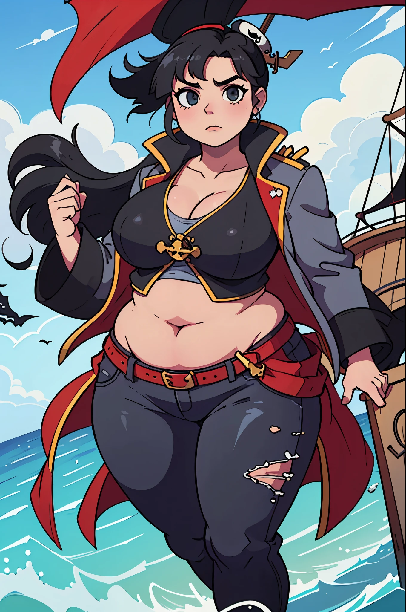 1chubby pirate woman, curvy, chubby, black hair, wide hips, chubby belly. thick legs. fat belly. huge breast. pirate clothes.