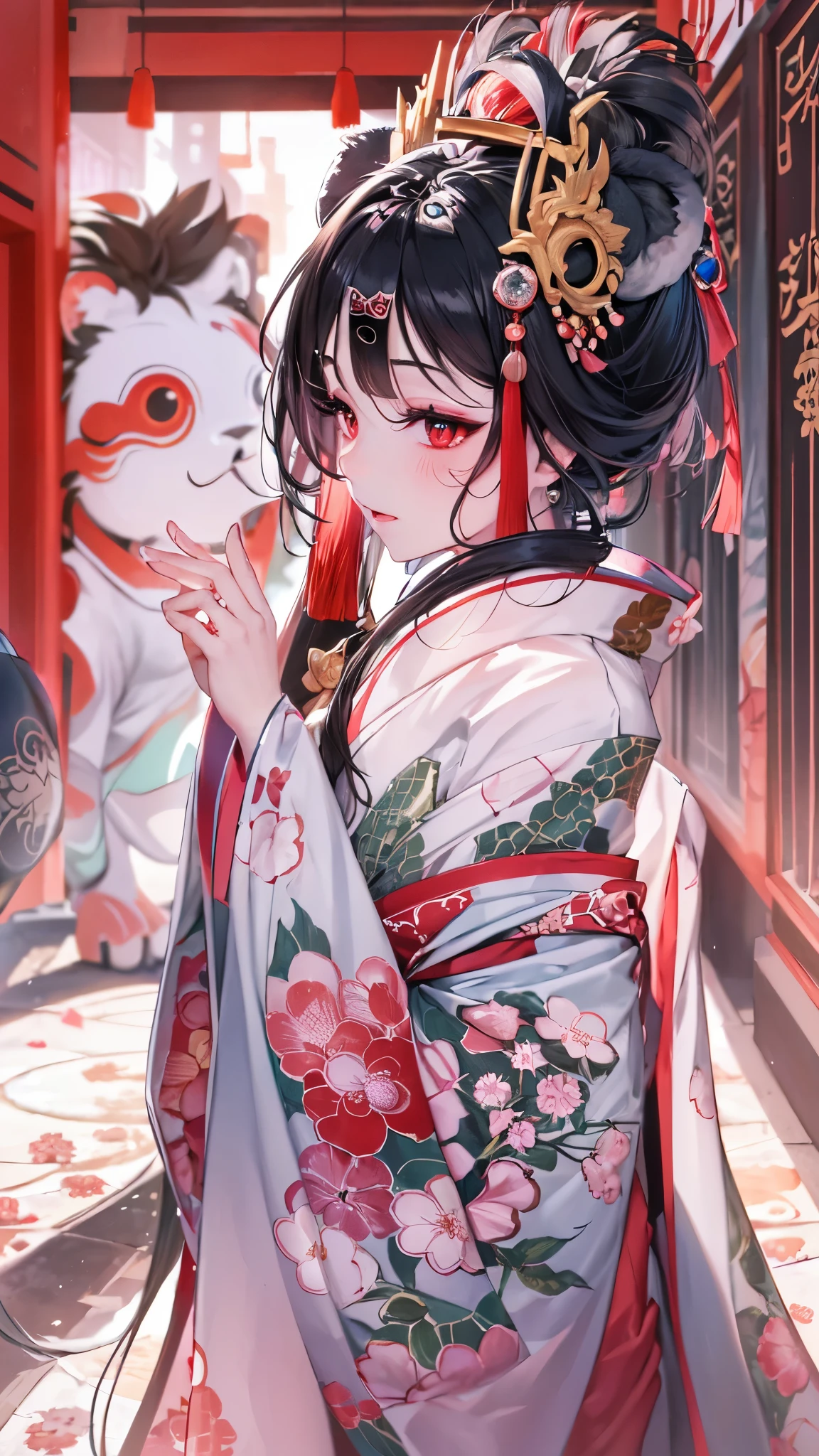 ((Kabuki makeup lion dance)) (slo:1.3 Kabuki actors black hair long oiran hair cute femdom girl, 17 yo, bigboobs, red eyes, ((kabuki lion makeup face)), in a immensely kabuki kimono) is ( at Hakataza Theater), break, perfect anatomy, masterpiece:1.2, best quality, 8k, beautiful detailed grow, daydreaming expression.