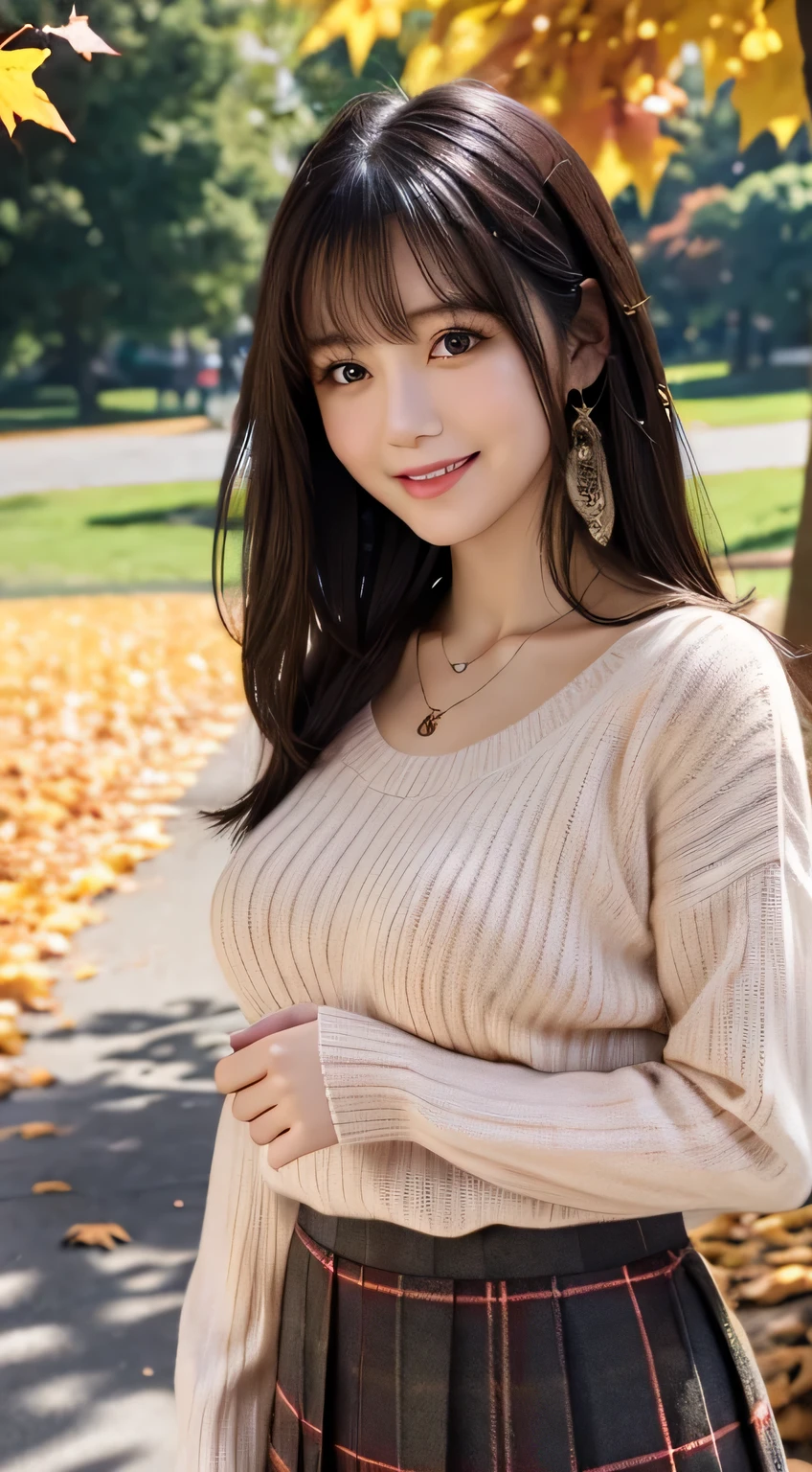 highest quality, Photoreal, finely, High resolution, 8k wallpaper, perfect dynamic composition, beautiful and detailed eyes, medium hair,big and full breasts,standing woman, mature woman, /(ribbed sweater/) /(red plaid skirt/) necklace, /(black hair/) bangs, A gentle smile with a blush, (highest qualityの傑作:1.2) Delicate illustrations are drawn in super detail, big breasts, sexy pose /(Outside the public park/) Brick road, autumn leaves tree々, detailed background
