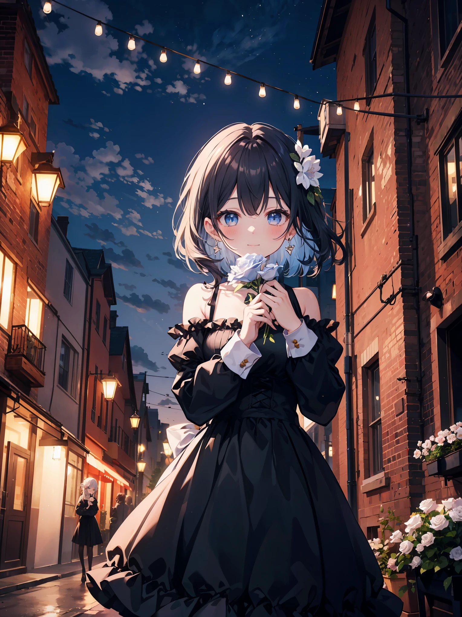 (masterpiece), scenery, night, 1 girl, alone, flower, holding flower, have, blue eyes, holding, white flower, outdoors, dress, black hair, looking at the viewer, black dress, clock tower, long hair, bangs, building, smile, blush, have flower, closed mouth, frills, long sleeve, earrings, jewelry, cloud, Are standing, plant, frilled dress, tower, white Rose, bare shoulders, Rose, inner hair coloring, removed sleeve, analog clock, street lamppost, bow, have bow, colorful hair