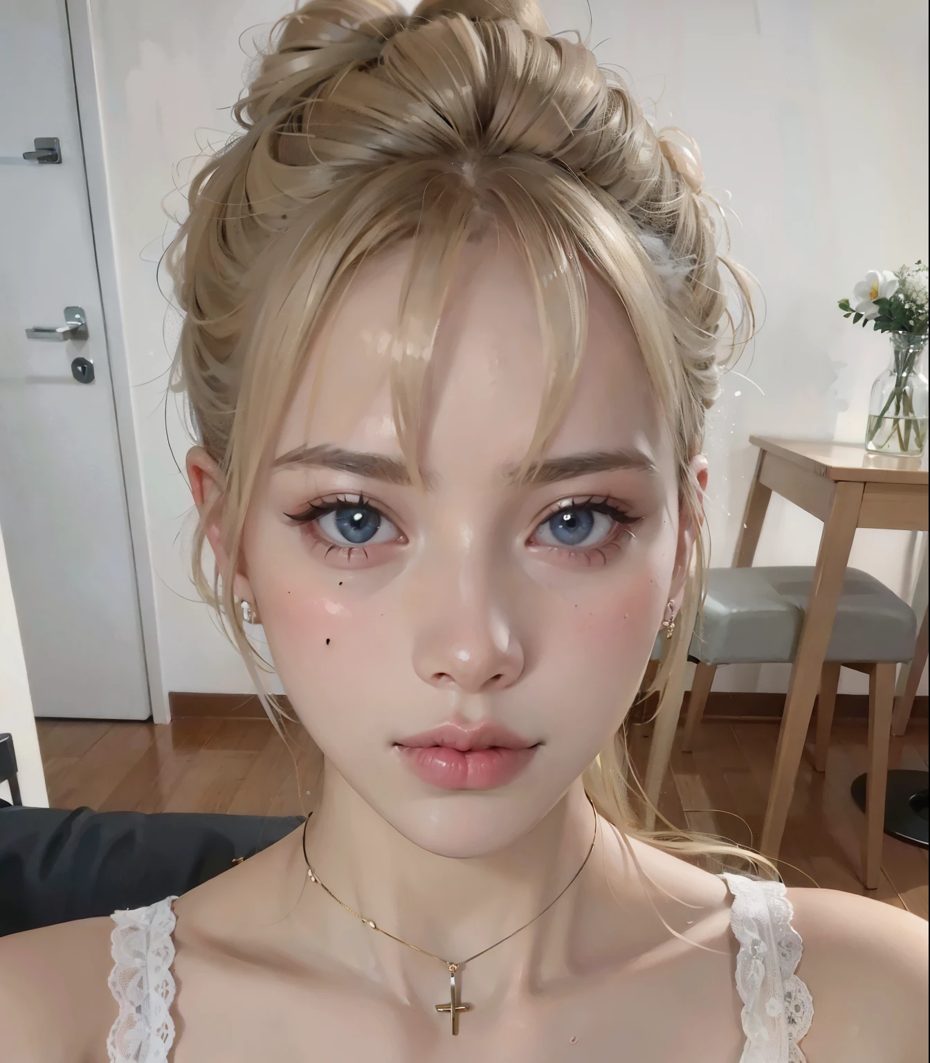 blonde woman with a messy bun, uma blusa branca e um colar de cruz, cabelo loiro e olhos grandes, de 19 anos, lalisa manobal, rosto perfeito ), her face looks like an orchid, sem maquiagem, jovem lindo amouranto, long cabelo loiro e olhos grandes, 🤤 retrato de , 18 anos de idade, rosto extremamente lindo