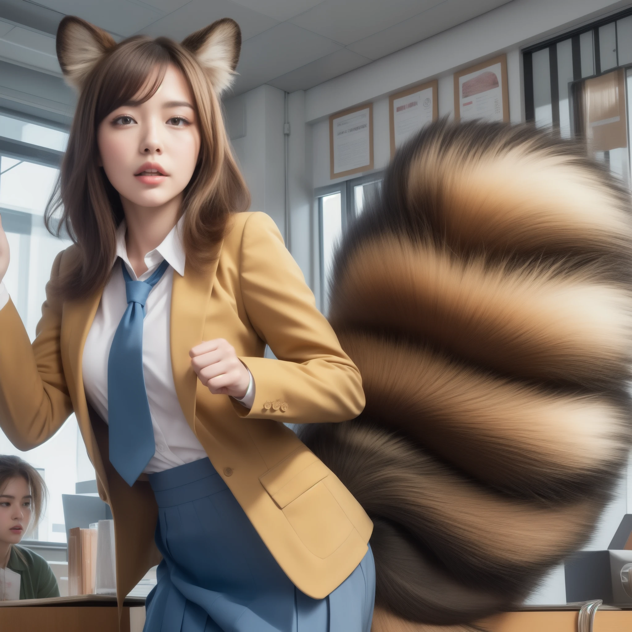 women with a tanuki tail, (software) safe for work, fur with tail, software version, colleague, realistic style, , realistic style , beautiful girl, photograph, 最high quality, (Her skirt is flipped up and her tail is visible.:1.8) ,Reality, small breasts, slender, white panties,tail from above panties, tail from inside the skirt, bushy tail, realistic tail, flat chest, (software) safe for work, nffsw, retina, muste piece, Accurate, anatomically correct, super detail, advanced details, high quality, 最high quality, High resolution, 1080p, 4k, 8K, The tail is sticking out from inside the skirt, long tail, be surprised to see the tail, eight-headed body, small face, blush, Red cheeks