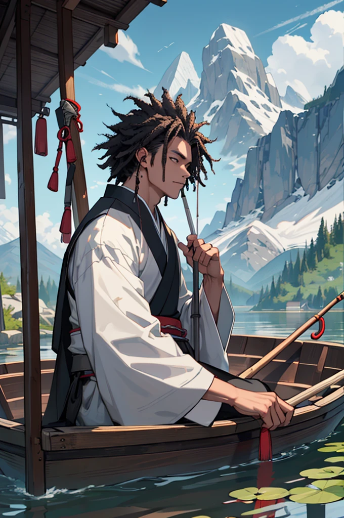 Draw a young ancient Chinese scholar, Sitting on a floating boat. He is fishing with a hook, Surrounded by a school of fish. surrounded by mountains, He was wearing Hanfu and holding an umbrella. This scholar looks very friendly, Looking at the sky longingly,Afro hair, Gray tunic,