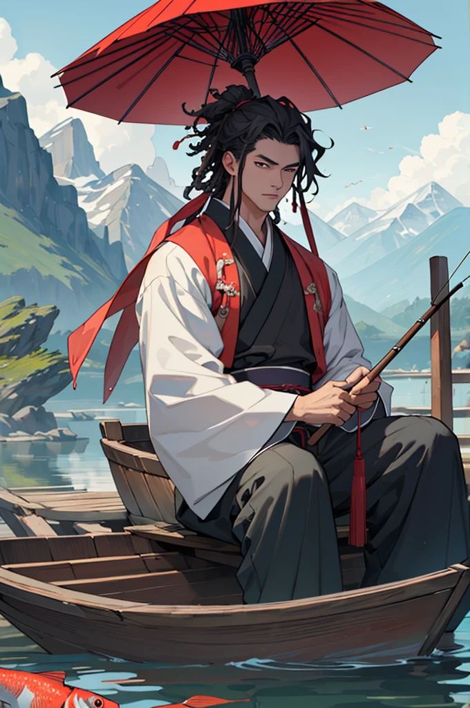 Draw a young ancient Chinese scholar, Sitting on a floating boat. He is fishing with a hook, Surrounded by a school of fish. surrounded by mountains, He was wearing Hanfu and holding an umbrella. This scholar looks very friendly, Looking at the sky longingly,Afro hair, Gray tunic,