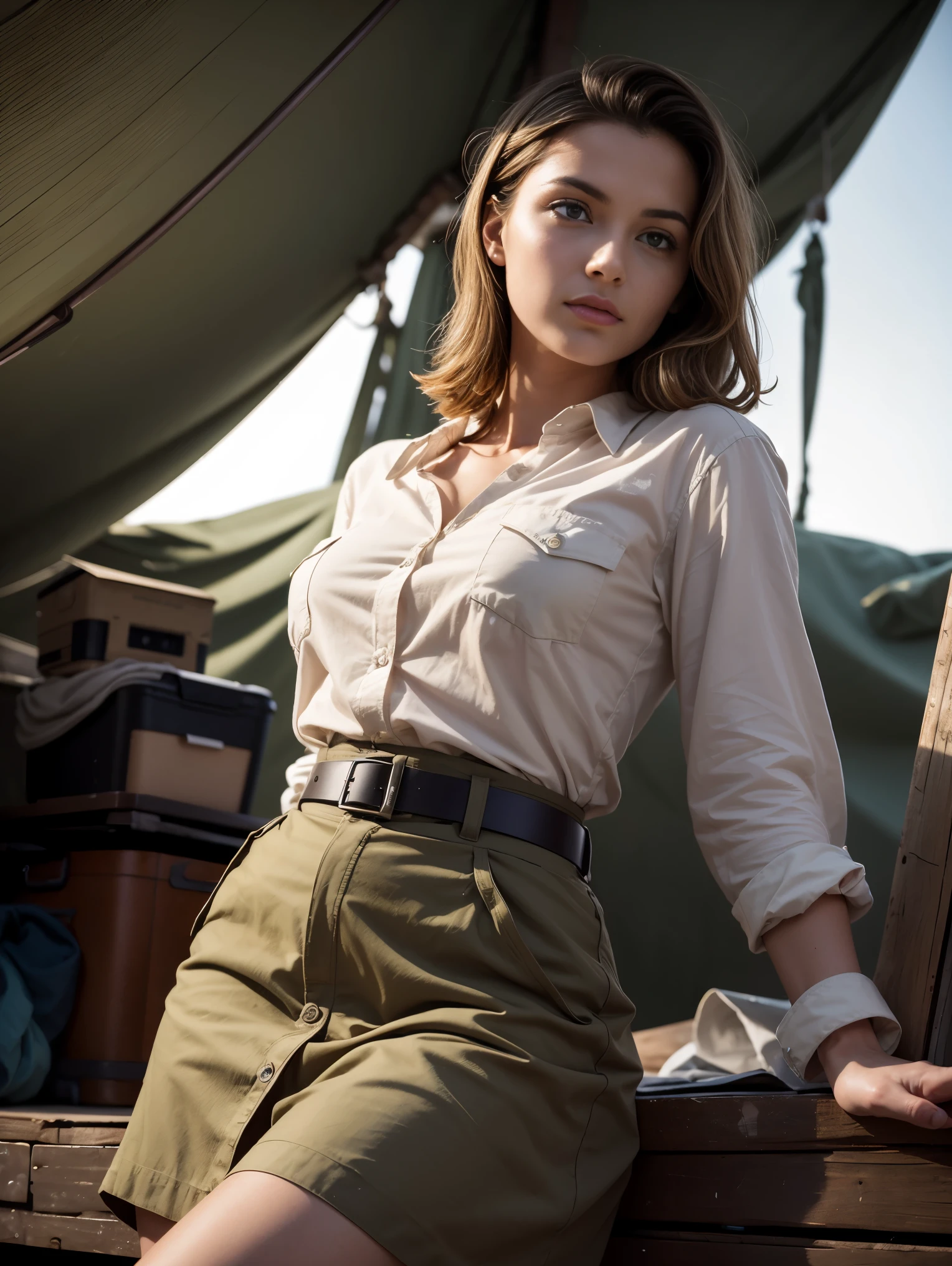 Wide angle. Masterpiece, Uhd, An adventuress from the '40s.cotton sand-colored shirt,  Khaki cotton army long skirt,  leather belt, army boots. She’s on an operation in a frozen jungle, ((at night)), in an army tent. Perfect anatomy, perfect hair, perfect breast, perfect body, perfect hands, perfect face, perfect eyes, accurate, anatomically correct, perfect clear and crisp focus, UHD, masterpiece, 