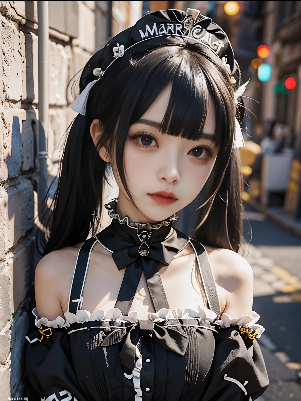 raw photo, 8k, (top-quality), Realistic, (real picture, Intricate details), (natural skin texture, detailed skin, hyper realism, sharpness), (Japanese teenage girl standing in a dirty back alley at night, hands on head, graffitied wall:1.3), ((maid costume with black and white, ****ta fashion, gothic fashion), (((flat chast:1.5))), (slender body, pale skin:1.2), ((pig tail hairstyle, blunt bangs)), (provocative look, Parted lips:1.3, eye shadow, eyeliner, tear bag:1.3, red lips), night time, spot lighting:1.3