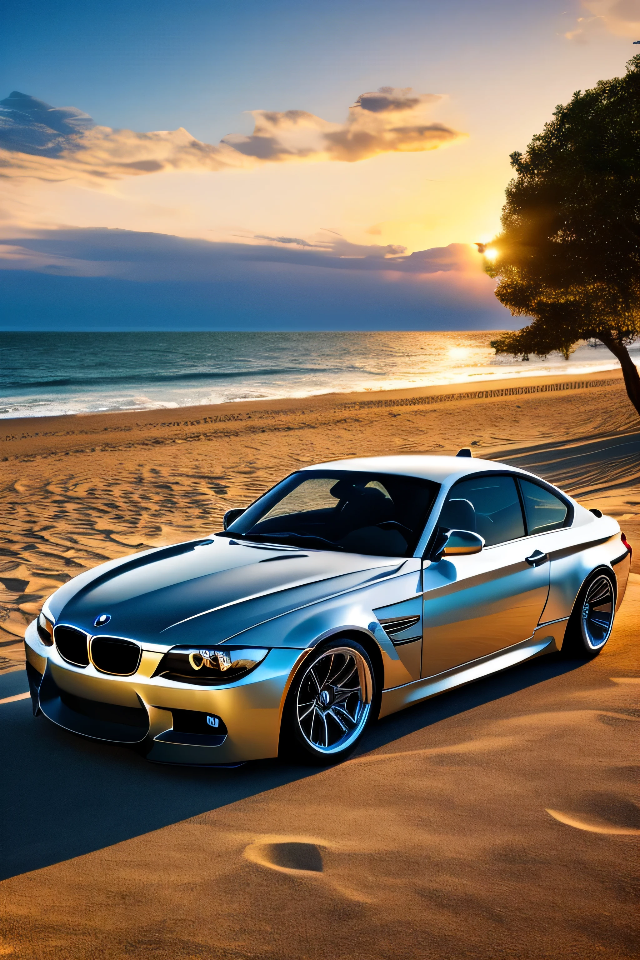 car model bmw e92,chrome rims,bright white holo light,sunset,at the beach,tinted windows,gey color,4k,super realistic