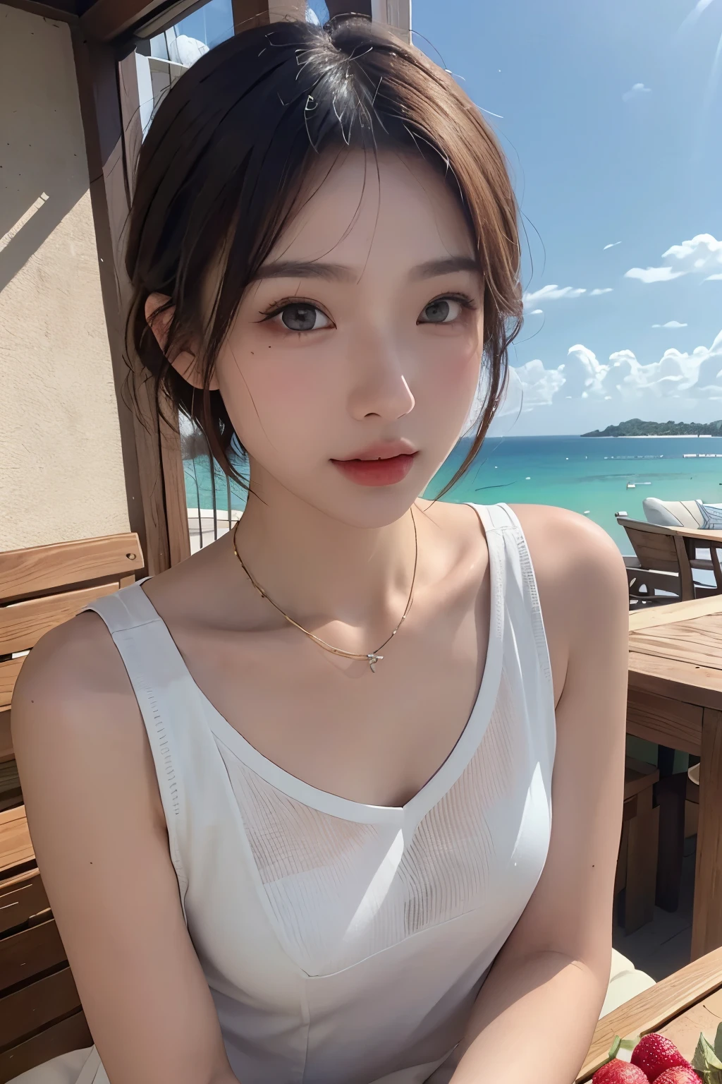 ((beste-Qualit、​masterpiece:1.3))、foco nítido:1.2、(realisitic、a photorealistic:1.37)、perfect beautiful female、Highly detailed facial and skin texture、Detailed eyes and double eyelids、short cut hair、small busts、Small necklace、White sleeveless shirt、Strong sunshine、Summer sea and sky、