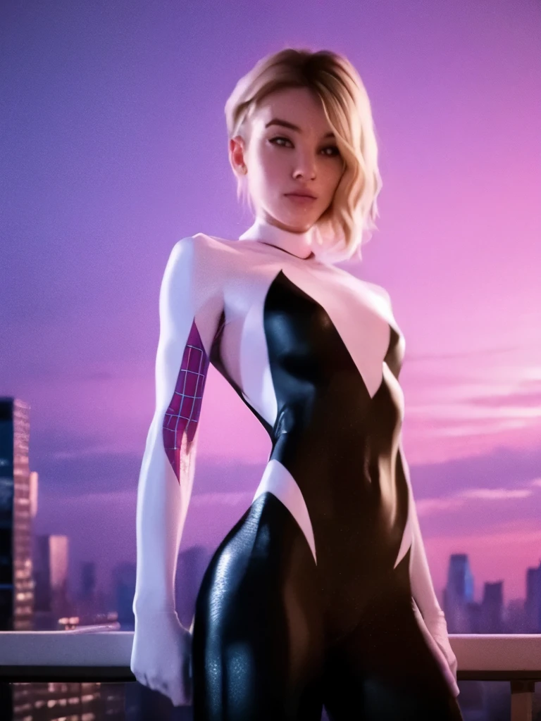 spidergirl, gwen, unmask, no mask, blonde short hair, beautiful girl, , caucasian, slender body, in the city, on top of a bulidings, black & white sipersuit, outdoor, cowboy shot, night time. cinematic lighting, masterpiece, neon lights