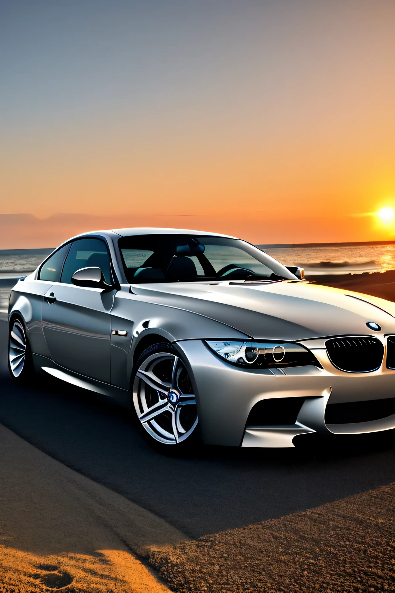 (car model)bmw e92,(grey color)grey,(chrome rims)shiny chrome rims,(tinted windows)tinted windows,(bright white)bright white holo light,(sunset)sunset,(at the beach)at the beach,(best quality)best quality,4k,(super realistic)super realistic