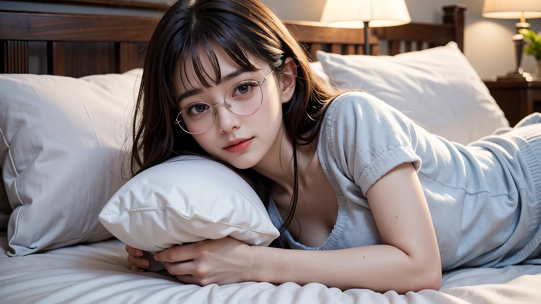 Close up view of cute beautiful girl lying on fantasy bed in fluffy wool. （smile、looking at the camera、pillow、night、valley、big and round breasts:1.4）、bedside light、nightwear、bangs、No makeup、Glasses（masterpiece、8K,RAW photo、High resolution:1.4）、Bring out the gentle expression of a girl with a soft expression。、Capture clear details of fluffy wool bedding, Reveal complex textures and patterns. Using Canon EOS R6 Mark II and Sigma 50mm f/1.By 4 DG HSM Art Lens、シーンのあらゆるニュアンスがHigh resolutionでキャプチャされます。