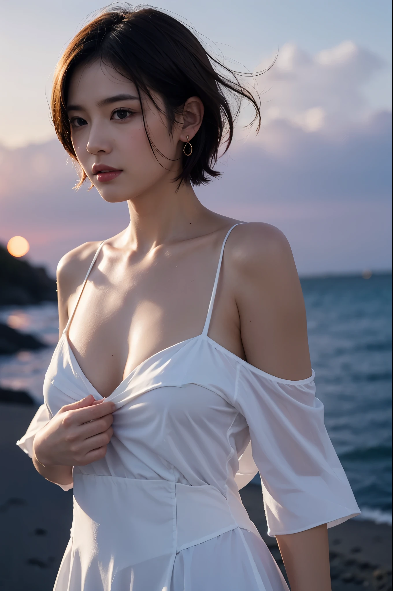 top-quality、1 girl、large full breasts、with light glowing、blur backgroun、bokeh dof、Yellow off-shoulder dress、(short-hair、Forehead:1.2)、Beautiful sky with details、耳Nipple Ring、(dynamicposes:1.2)、 (The upper part of the body:0.8)、Soft lighting、the wind、glowy skin、Straight face、shores、early evening、Back lighting、