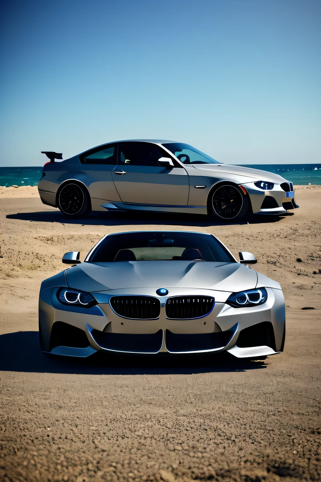 (car model)bmw e92,(grey color)grey,(chrome rims)shiny chrome rims,(tinted windows)tinted windows,(bright white)bright white holo light,(sunset)sunset,(at the beach)at the beach,(best quality)best quality,4k,(super realistic)super realistic