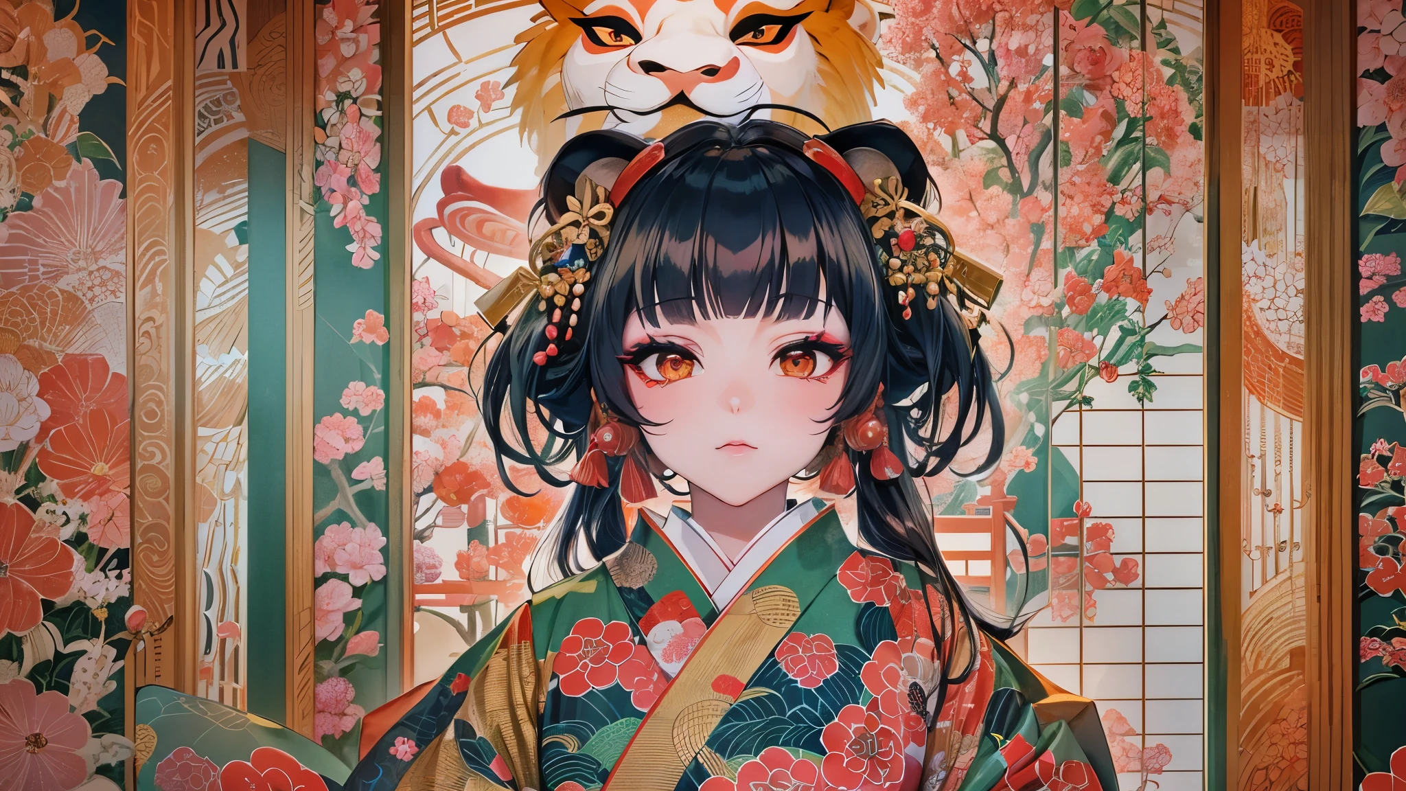 panasonic:1.2 ((Kabuki makeup lion dance)) (slo:1.3 Kabuki actors black hair long oiran hair cute femdom girl, 17 yo, bigboobs, red eyes, ((kabuki:1.3 makeup face)), in a immensely kabuki kimono) is ( at Hakataza Theater),  break, perfect anatomy, masterpiece:1.2, best quality, 8k, beautiful detailed grow, daydreaming expression.
