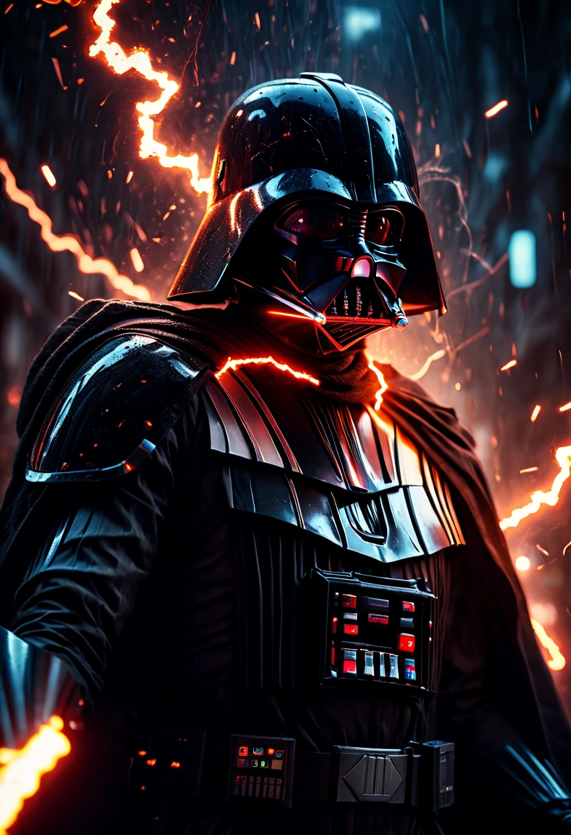 glowneon, glowing storm trooperdarth vader emitting sparks and electricity, glowing eyes, cinematic film still, (best quality, masterpiece, representative work, official art, professional, Super complex and detailed, 8k:1.3)