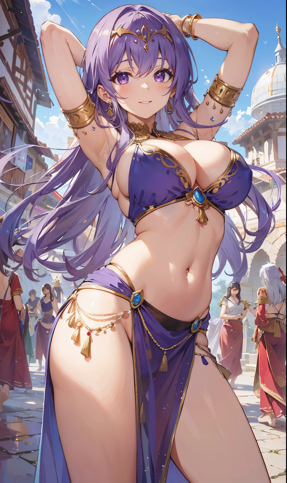 high quality, super detailed, 最high quality, Extremely detailed, beautiful, masterpiece, 1 girl, plaza, medieval europe, cowboy shot, red eyes, long hair, light purple hair, (belly dancer, harem costume, pelvic curtain:1.2), purple costume, barefoot, circlet, earrings, bangle, bracelet, shy smile, dancing, big breasts, cleavage, soft belly