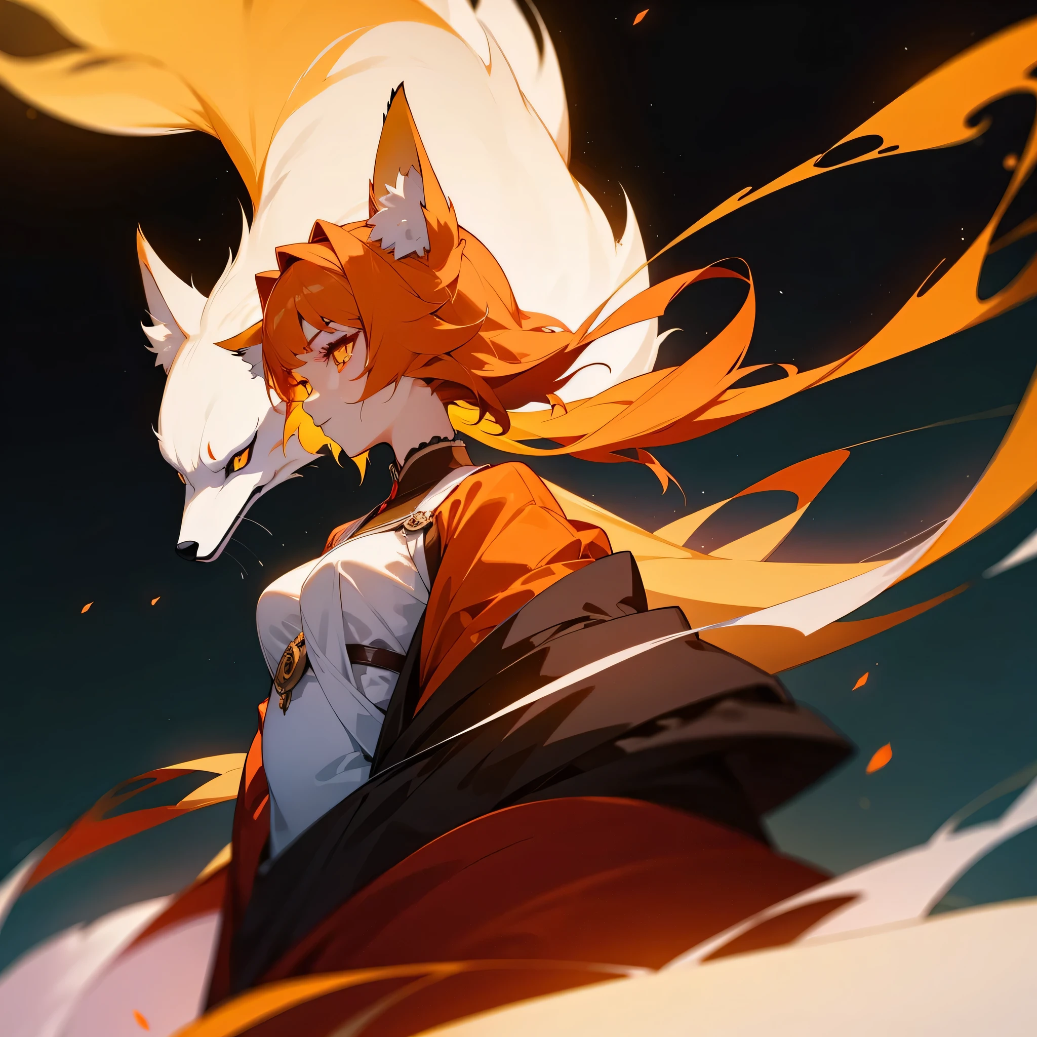 volumetric lighting, The best shadows, Portrait of a stunningly beautiful girl, , Delicate beautiful attractive face with alluring yellow eyes, , , short orange hair, , thick , Thin waist, standing, (top quality, amazing details:1.25), Brilliant colorful paintings, Anime character wearing a dress with a fox tail, fox and bush, kitsune, kitsune, kemono, beautiful fox lady, a beautiful kitsune woman, gothic makeup, gothic clothing, whole body, portrait, neon lighting. 