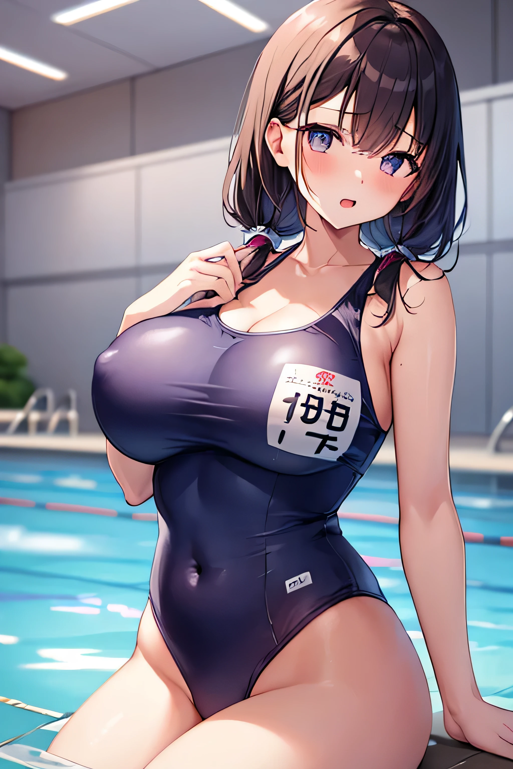 masterpiece、best image quality、ultra high resolution、teen with big tits、twin tail hairstyle、black hair、red face、shyly、mock、Open your mouth just a little、A school swimsuit that shows the cleavage of a girl、A school swimsuit that shows the cleavage of a teenage school、well-shaped lower body、indoor pool、Poolside