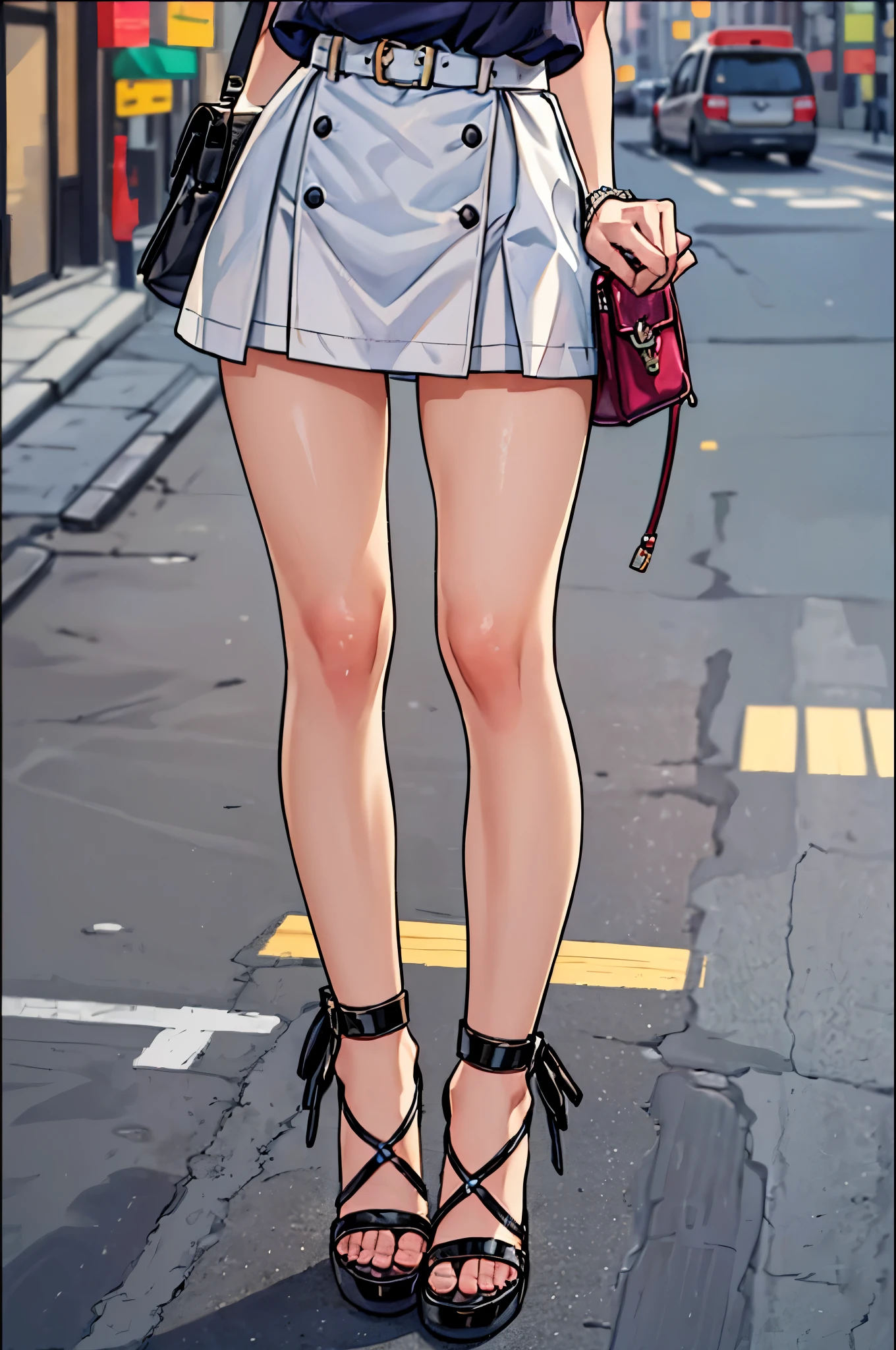 "best quality,ultra-detailed,((background:outside street1,8)),(one boy),(cowboy shot),portraits,((sissy boy,tomboy,FemBoy,trap)),bulge,(natural makeup),black choker,short blonde hair,boy's face,((blushing)),dress,high-heel-sandal,(he’s having shoulder bags),vibrant colors,soft lighting"