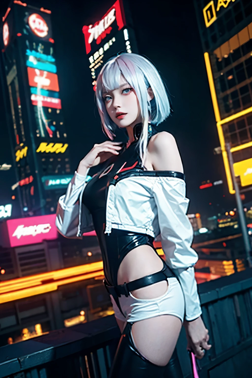 lucy_cyberpunk, cowboy shot, 1 sweet girl,white short hair, bangs, ((red eyeliner)), ((makeup)),red lips, white off-shouler jacket, black bodysuit, bare shoulders, white shorts, hip vent, (dynamic pose), looking at viewer, upper body,fantasy, high contrast,cityscape, neon lights, neon trim, ((cyberpunk)),