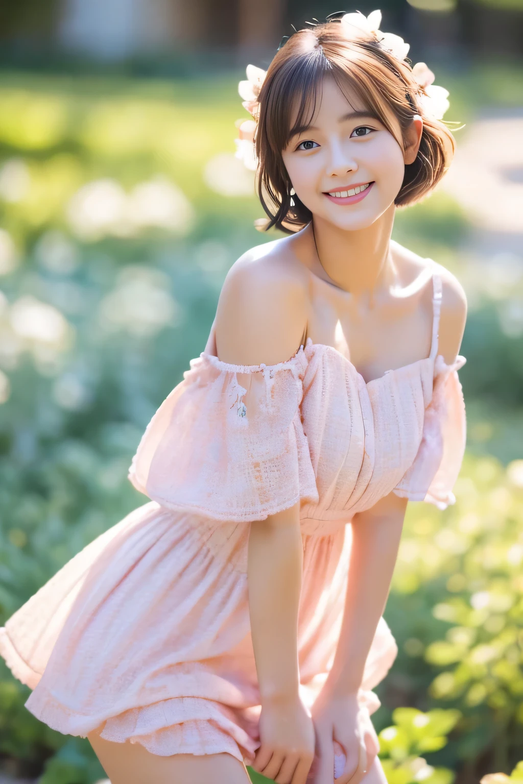 (highest quality,Super detailed,realistic),shape,(soft and delicate style),pastel colour,A beautiful girl with a refreshing appearance,Wearing an off-the-shoulder dress,An innocent and bright smile,rosy cheeks,thighs thighs,short hair,soft lighting,vivid pose