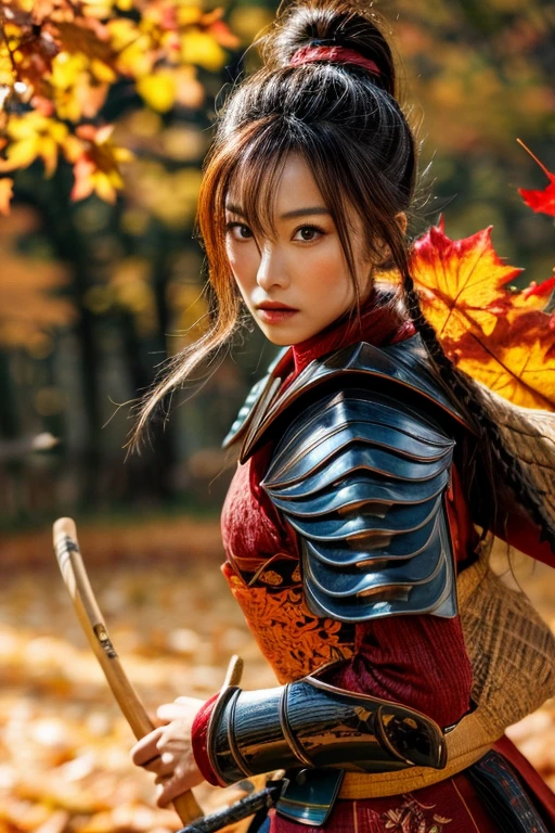 ultra-detailed samurai in traditional armor, fierce expression, powerful stance, katana in hand, Autumn Leaves Background
, vibrant colors, dynamic lighting,More Detail,