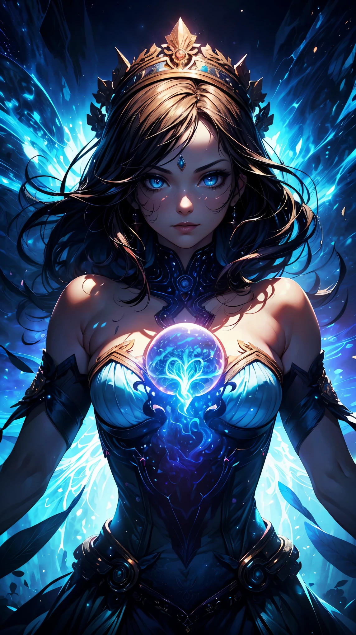(8k, RAW photo, 最high quality, masterpiece:1.2), High-definition RAW color photo, professional photography, concept art, (((1 goddess))), (detailed), (small face), (high detail skin:1.2), clavicle, cute face, beautiful appearance, beautiful eyelashes, (Hair shining in seven colors, blue colored eyes, long hair), (beautiful breasts), (slim body shape:1.4), Highly detailed face and skin texture, fine eyes, double eyelid, ((goddess of the universe:1.2)), fascinating outer space, dramatic lighting, (Fantastic atmosphere:1.5), (Intelligent smile, beautiful), deep shadows and highlights, ((delicate and sacred:1.5, A dress with flowing light, transparent material)), romantic, astral body, governs time and space, Overflowing cosmic energy, reflective,refraction,beautiful skin, shiny skin, (((perfect fingers, five fingers, anatomically correct))), background bokeh, high quality, bright colors, ((award winning photography, Realistic light and shadow with attention to detail)), Immersive 3D rendering, Professional 3D artistry,