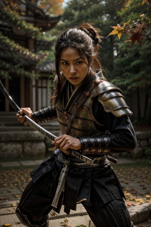 ultra-detailed samurai in traditional armor, fierce expression, powerful stance, katana in hand, Autumn Leaves Background
, vibrant colors, dynamic lighting,More Detail,