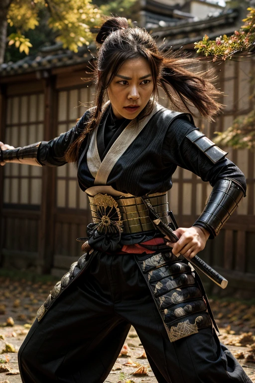 ultra-detailed samurai in traditional armor, fierce expression, powerful stance, katana in hand, Autumn Leaves Background
, vibrant colors, dynamic lighting,More Detail,