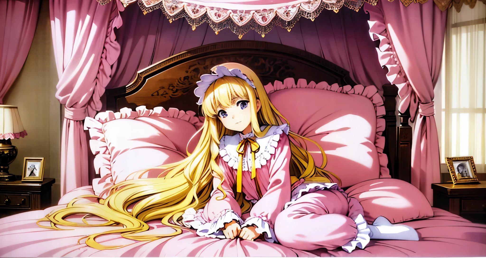 ,highest quality, masterpiece, highest resolution, artwork, super それにget used to it, many get used to it, get used to it, それにget used to it, 3K anime illustration,(( 10 year old girl)),Super detailed baby face,high quality small face,long blonde hair that grows to the waist,blue eyes,白い肌のeuropean,pajamas, european,(((super long blonde hair))),curly hair,blue eyes,((((ピンクのロリータファッションのlong skirtのワンピースドレス)))),((Pink dress with lots of frills and ribbons)),((Luxurious headdress with frills and ribbons)),detailed headdress,,(((big yoke collar))),Yoke collar with ruffles and ribbons,((((long sleeve)))),ruffle sleeves,((((long skirt)))),white ruffle and lace socks,large frill and ribbon pillow,(((Nice pink outfit))),豪華なcanopy bedの上,canopy bed,The bed is surrounded by luxurious curtains,many frilly pillows on the bed,There are many frilly pillows behind the girl.,super detailed background,detailed bed,soft pink comforter,Highly detailed soft ruffle pillow,Beautiful girl illustration,detailed beautiful face,fine hair,detailed eye ,detailed eyes,detailed mouth, arm details,fine hands,Detailed pillow,wide bed,Illustration on the bed, ,((((round futon)))),((((A large ruffled futon that covers the entire bed)))),detailed comforter,detailed bedシーツ,Before bedtime,romantic atmosphere,palace bedroom,((((The lower half of the body is hidden under the futon and the puffy skirt....)))) The girl is leaning on a pile of pillows, ,((((round futon)))),((((A large ruffled futon that covers the entire bed)))),