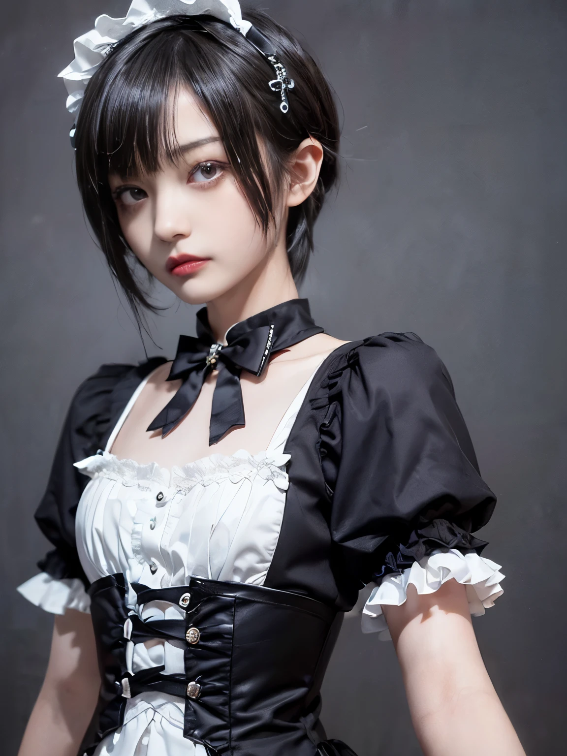 raw photo, 8k, (top-quality), Realistic, (real picture, Intricate details), (natural skin texture, detailed skin, hyper realism, sharpness), (Japanese girl standing in a dirty back alley at night, hands on head, graffitied wall:1.3), ((maid costume with black and white, lolita fashion, gothic fashion), (((flat chast:1.5))), (slender body, pale skin:1.2), ((shorthair, blunt bangs)), (provocative look, Parted lips:1.3, eye shadow, eyeliner, tear bag:1.3, red lips), night time, spot lighting:1.3