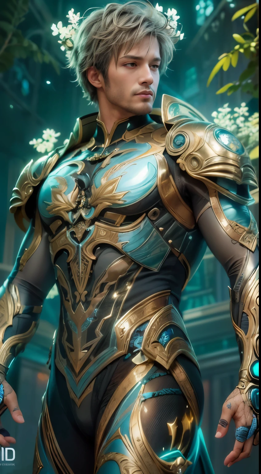 A handsome men, 1boy, Image of a smiling 25-year-old man., Wear futuristic cybernetic armor, Wear a huge futuristic crown..., Walk Through Charm, An ethereal forest with neon flowers and rainbows glittering in the sky..., sci-fi, intricate, neon lighting, ((perfect face)), ((perfect hands)), ((Perfect body)), ((Correct anatomy)), ((ultra realistic)), ((10, UHD)), high-detail, digital painting, Artstation, Concept Art, Human Anatomy, Soft light, smooth, illustration, Art by tian zi and craig mullins and WLOP and alphonse mucha, man, Healthy body