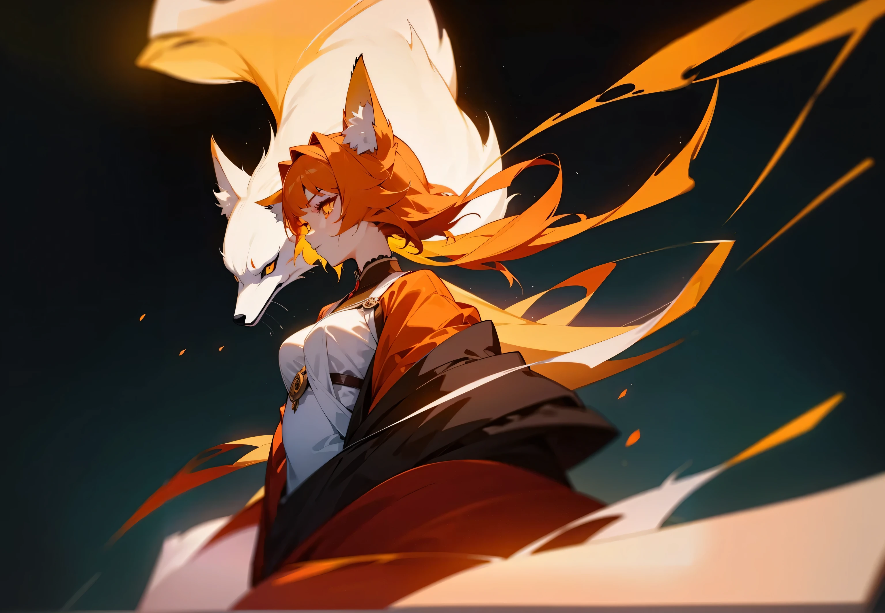volumetric lighting, The best shadows, Portrait of a stunningly beautiful girl, , Delicate beautiful attractive face with alluring yellow eyes, , , short orange hair, , thick , Thin waist, standing, (top quality, amazing details:1.25), Brilliant colorful paintings, Anime character wearing a dress with a fox tail, fox and bush, kitsune, kitsune, kemono, beautiful fox lady, a beautiful kitsune woman, gothic makeup, gothic clothing, whole body, portrait, neon lighting.