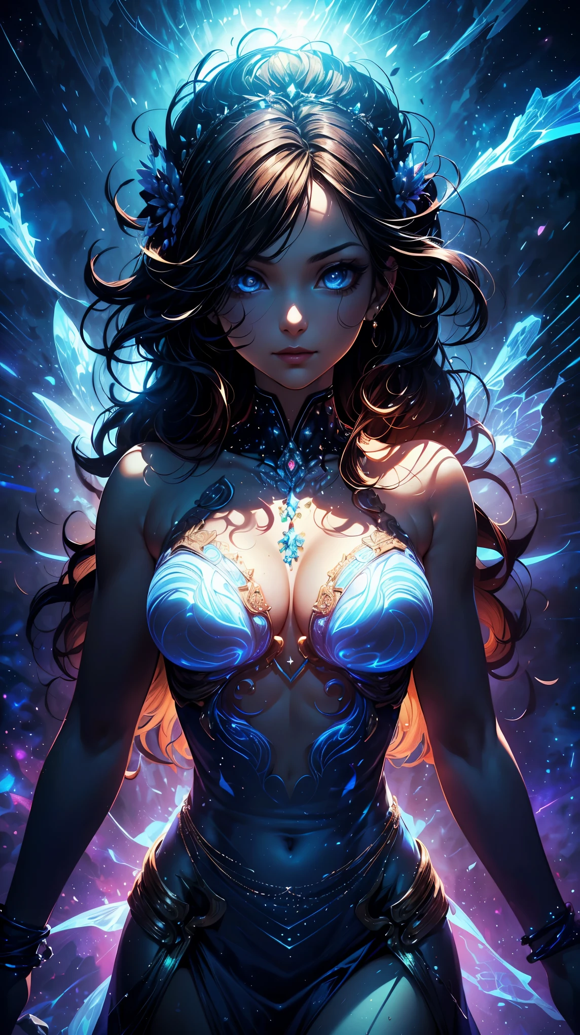 (8k, RAW photo, 最high quality, masterpiece:1.2), High-definition RAW color photo, professional photography, concept art, (((1 goddess))), (detailed), (small face), (high detail skin:1.2), clavicle, cute face, beautiful appearance, beautiful eyelashes, (Hair shining in seven colors, blue colored eyes, long hair), (beautiful breasts), (slim body shape:1.4), Highly detailed face and skin texture, fine eyes, double eyelid, ((goddess of the universe:1.2)), fascinating outer space, dramatic lighting, (Fantastic atmosphere:1.5), (Intelligent smile, beautiful), deep shadows and highlights, ((delicate and sacred:1.5, A dress with flowing light, transparent material)), full body portrait, Lively poses, spacewalk, romantic, astral body, governs time and space, Overflowing cosmic energy, reflective,refraction,beautiful skin, shiny skin, (((perfect fingers, five fingers, anatomically correct))), background bokeh, high quality, bright colors, ((award winning photography, Realistic light and shadow with attention to detail)), Immersive 3D rendering, Professional 3D artistry,
