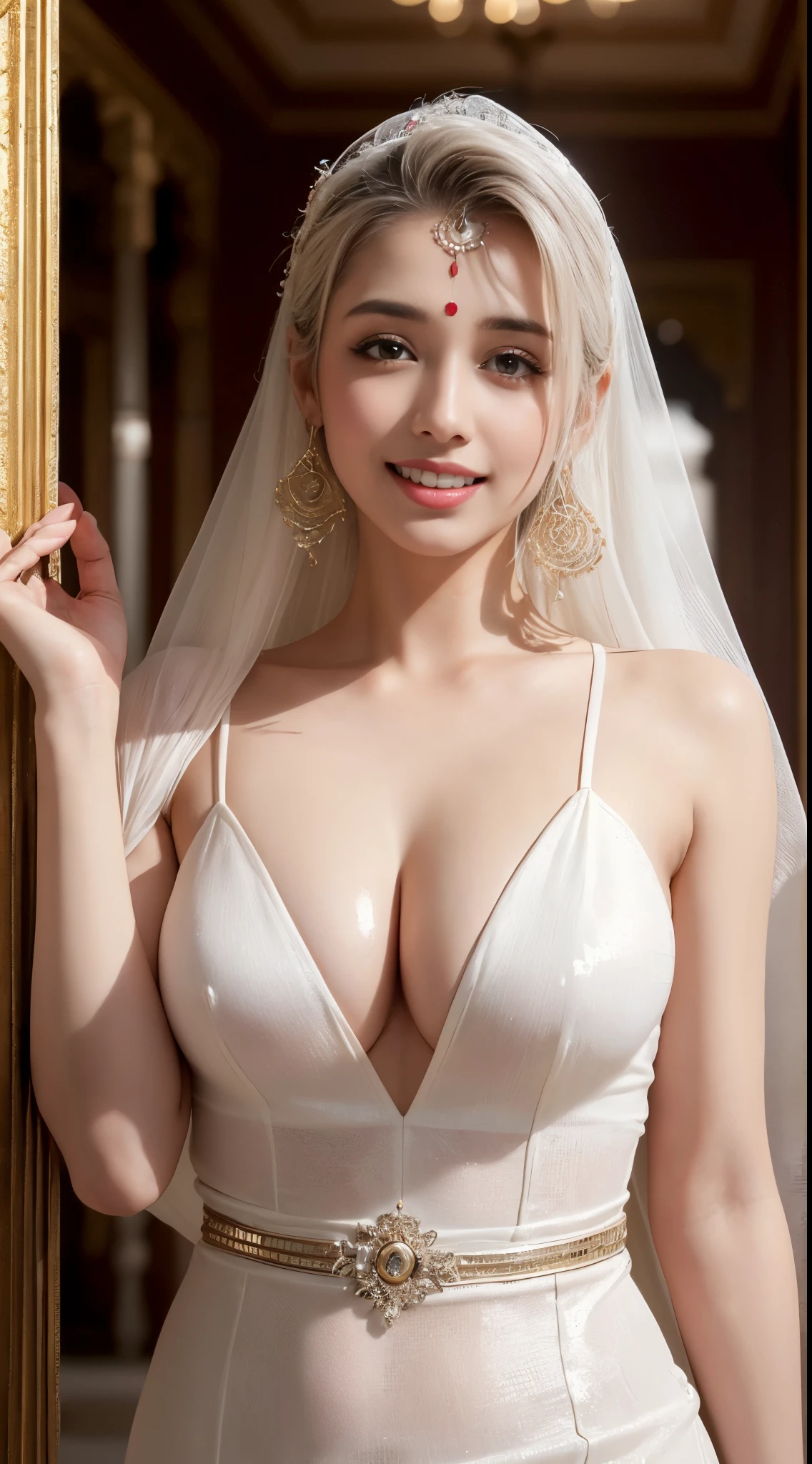 ((top quality, 8K, masterpiece:1.3)), (focus control:1.2), (Perfect Body Beauty:1.4), ((delicate hair)), (Highly detailed face and skin texture), fair eyes, double eyelid, (shiny skin:1.5), small face, huge breasts, 20 years old, (White layered hair), (smile, beautiful teeth), (Gorgeous Indian Dress:1.4), (Fantastic palace:1.5), (Hide your hands under your clothes),
