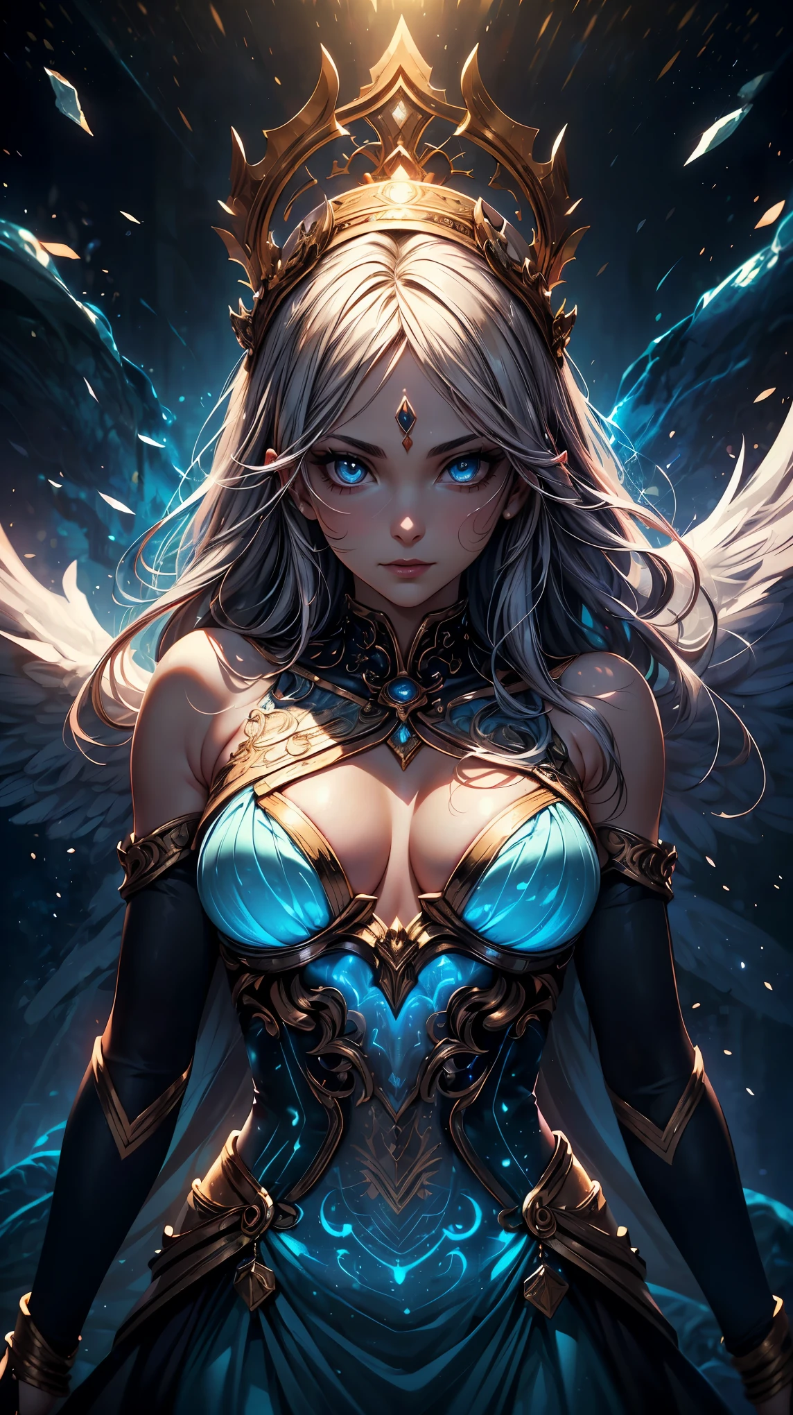 (8k, RAW photo, 最high quality, masterpiece:1.2), High-definition RAW color photo, professional photography, concept art, (((1 goddess))), (detailed), (small face), (high detail skin:1.2), clavicle, cute face, beautiful appearance, beautiful eyelashes, (Hair shining in seven colors, blue colored eyes, long hair), (beautiful breasts), (slim body shape:1.4), Highly detailed face and skin texture, fine eyes, double eyelid, ((goddess of the universe:1.2)), fascinating outer space, dramatic lighting, (Fantastic atmosphere:1.5), (Intelligent smile, beautiful), deep shadows and highlights, ((delicate and sacred:1.5, A dress with flowing light, transparent material)), romantic, astral body, governs time and space, Overflowing cosmic energy, reflective,refraction,beautiful skin, shiny skin, (((perfect fingers, five fingers, anatomically correct))), background bokeh, high quality, bright colors, ((award winning photography, Realistic light and shadow with attention to detail)), Immersive 3D rendering, Professional 3D artistry,