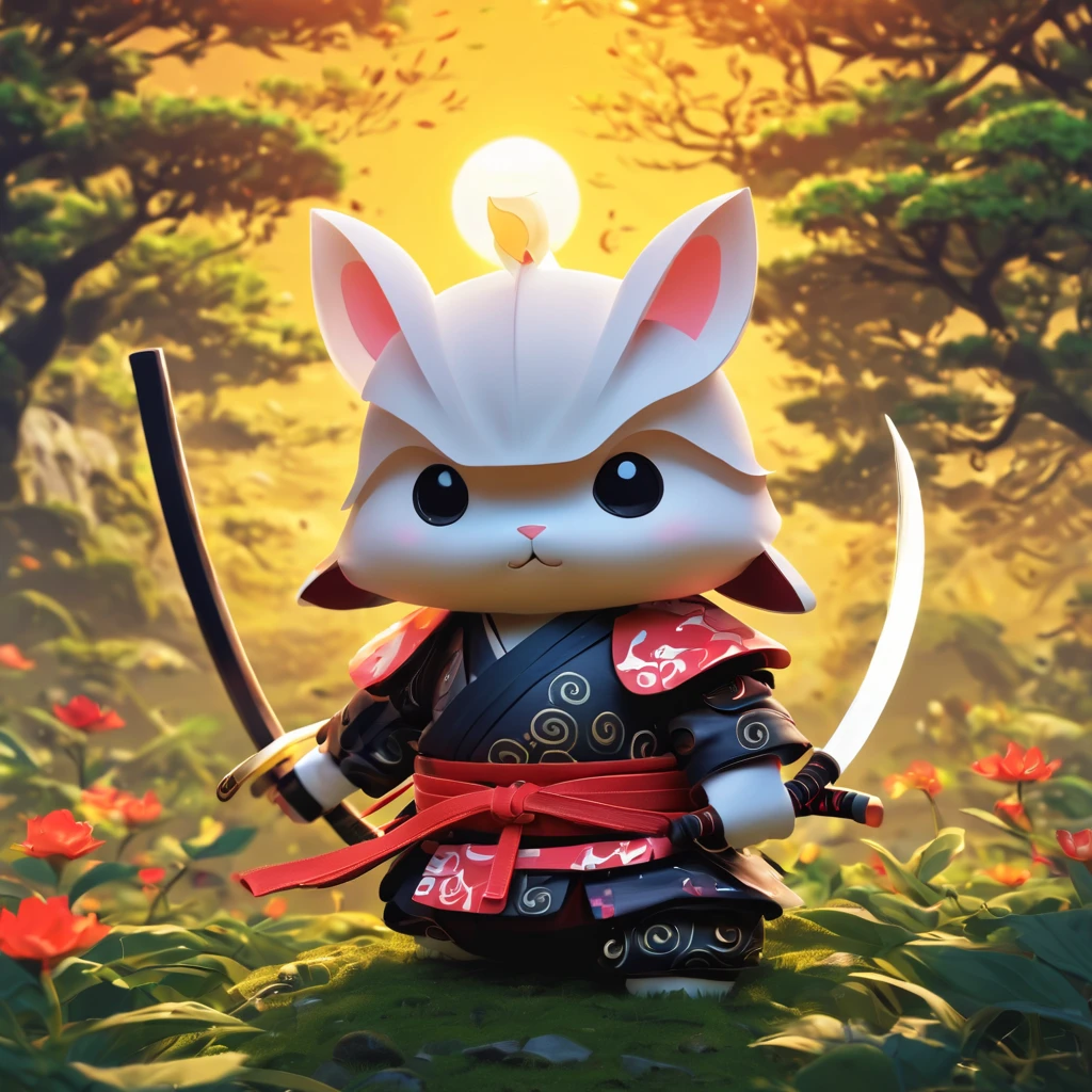 (masterpiece, best quality:1.2), Magical samurai, samurai under magical rissing sun, cute, 3d crunch,
