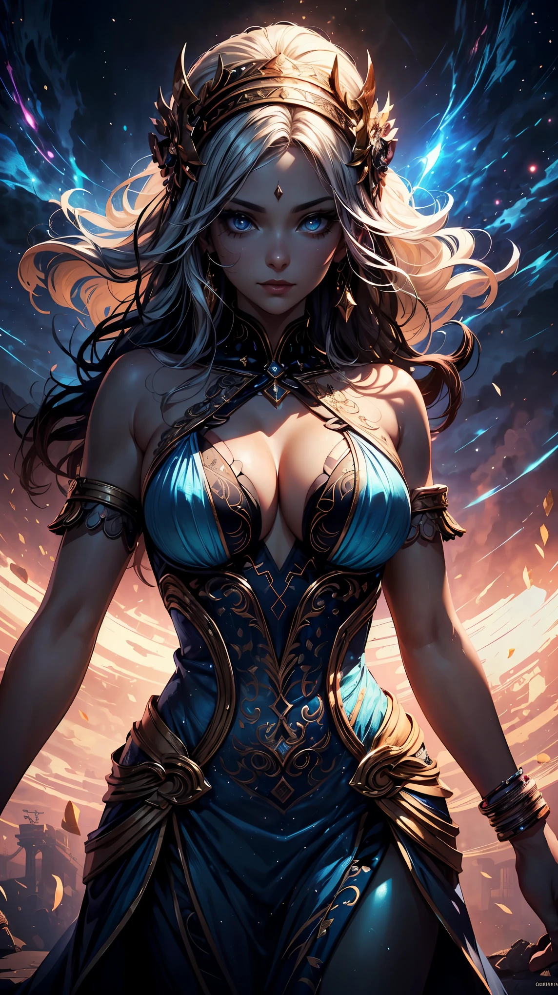 (8k, RAW photo, 最high quality, masterpiece:1.2), High-definition RAW color photo, professional photography, concept art, (((1 goddess))), (detailed), (small face), (high detail skin:1.2), clavicle, cute face, beautiful appearance, beautiful eyelashes, (Hair shining in seven colors, blue colored eyes, long hair), (beautiful breasts), (slim body shape:1.4), Highly detailed face and skin texture, fine eyes, double eyelid, ((goddess of the universe:1.2)), fascinating outer space, dramatic lighting, (Fantastic atmosphere:1.5), (Intelligent smile, beautiful), deep shadows and highlights, ((delicate and sacred:1.5, A dress with flowing light, transparent material)), romantic, astral body, governs time and space, Overflowing cosmic energy, reflective,refraction,beautiful skin, shiny skin, (((perfect fingers, five fingers, anatomically correct))), background bokeh, high quality, bright colors, ((award winning photography, Realistic light and shadow with attention to detail)), Immersive 3D rendering, Professional 3D artistry,