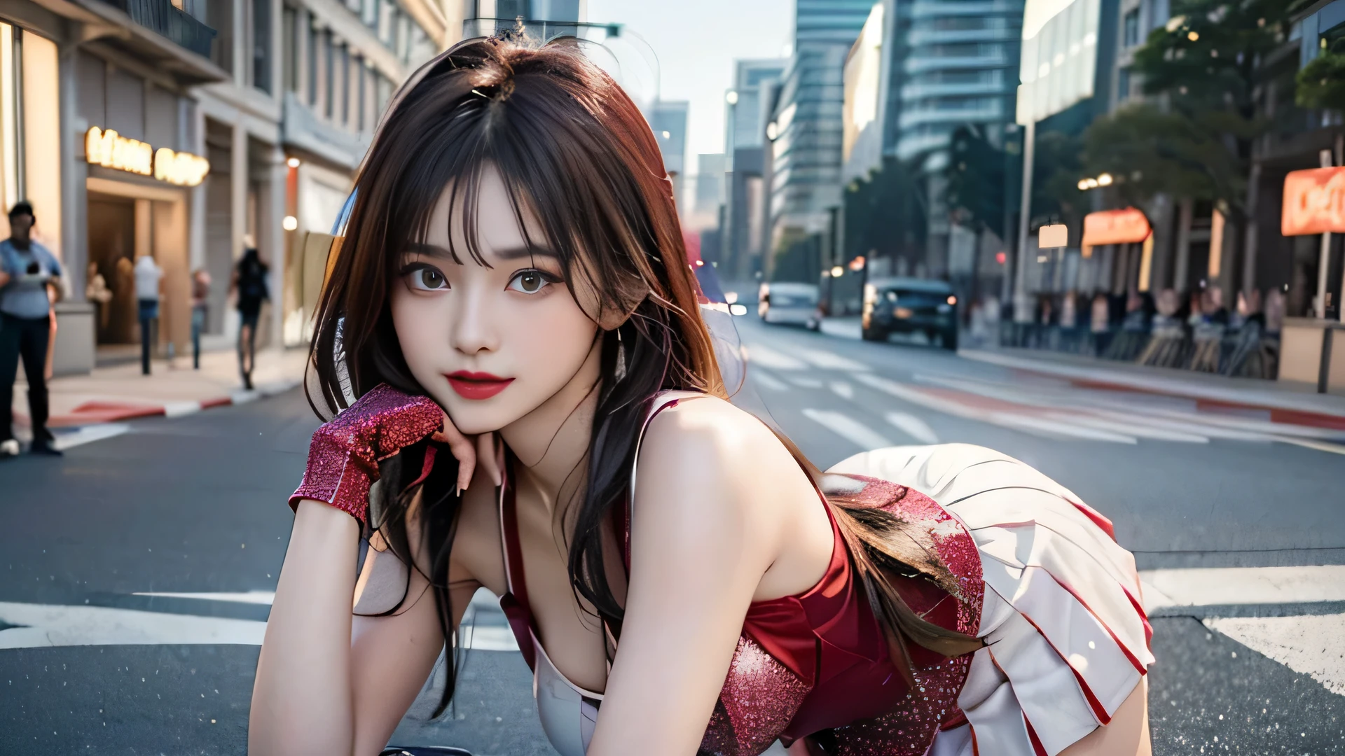 (8k, RAW photo, highest quality, table top:1.2), (realistic, photorealistic:1.37), Ultra High Resolution A, 1 girl, 18-year-old, (Idol:1.4), (famous actress :1.4), (beautiful and detailed face:1), bangs,  (colorful floating hairs), skin depression, light makeup, (beautiful big breasts:1.3), (glowing skin:1.1), glowing skin, long limbs, slim, hanging chest:1.3, thin waist, medium hips, thin legs, slimな太もも, dynamic lighting, obscene face, shiny texture, lipstick, V-shaped eyebrows, V line chin, looking up at the audience, (long hair:1.3), (perfect face:1.4), ((fierce wind)), flowing hair, audience, (smile:1.3), blue sky, (((Monte Carlo Street Circuit))), (((race car))), (((racing bike))), ((promotion girl:1.3)), ((grid girl:1)), pink lip, light makeup, (Complicatedly wear delicate promotional costumes:1.10), lace up boots, short sleeve, crop top, ((short jacket:1)), (tube top bra:1), knee high, (((ロゴたっぷりのナイロンshort sleeveジャケット))), (Knee-length glitter nylon pleated skirt), ((Asymmetric medium size nylon pleated skirt)), small hips,  ((promotional wear with logo)), (((red and white glitter promotional clothing))), fingerless gloves, berry view style, black haired, brown hair, redhead, blue eyes, (drips of sweat:1), (dynamic angle), walk, lean forward, audience,sexy pose、perfect body、,(lie:1.3)、Grass