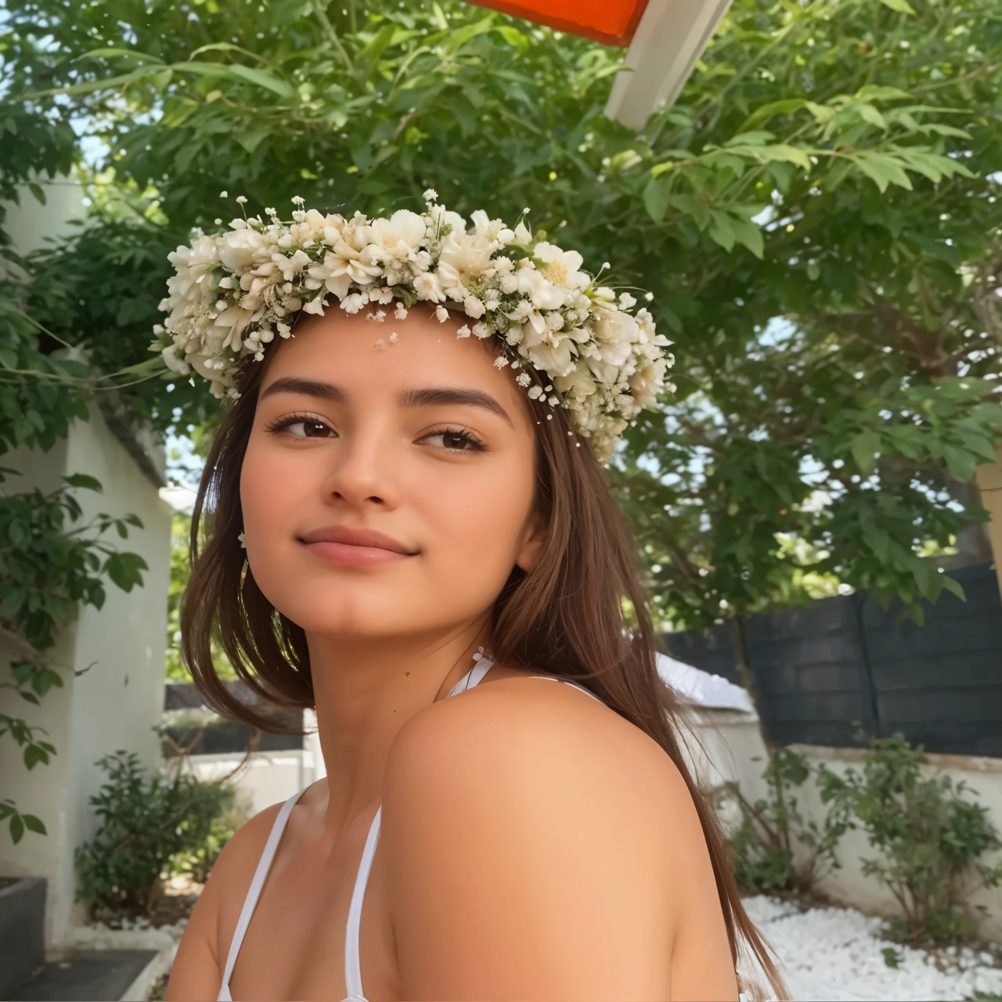 a close up of a woman wearing a corona de flores on her head, ella tiene una corona de flores, white corona de flores, ella tiene una corona de flores secas, corona de flores, the corona de flores, olivia de bernardini, cerveza madison, corona de flores, wearing a corona de flores, usando un tocado de flores, cejas gruesas y tupidas y rectas, piel de oliva perfecta