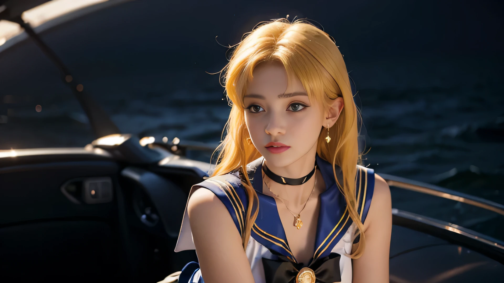((masterpiece:1.4)、(highest quality:1.4)、(realistic:1.7))、Masseter muscle part:1.4、beautiful girl、(sailor moon:1.4)、Tsukino Usagi、body fit sexy sailor senshi uniform、(latex shiny)、(The jacket is a white sleeveless sailor uniform..)、(The skirt is a sexy super ultra mini skirt in blue..)、White panties visible from the crotch:1.2、The collar of the sailor suit is blue with two thin lines...、high leg swimsuit、red cloth decoration on the chest、(wearing white gloves)、pretty girl、super beautiful、sharp focus、portrait photography、upper body shot:1.4、beautiful face、beautiful eyes、tight waist、(yellow hair:1.4)、(hair length:1.2)、RAW photo、red lips、red boots:1.4、choker:1.4、necklace:1.4、earrings:1.4、A gorgeous golden tiara on the forehead:1.4、1 screen display、The landscape is a spaceport of a futuristic city、sexy pose、perfect body、,(lie:1.3)、