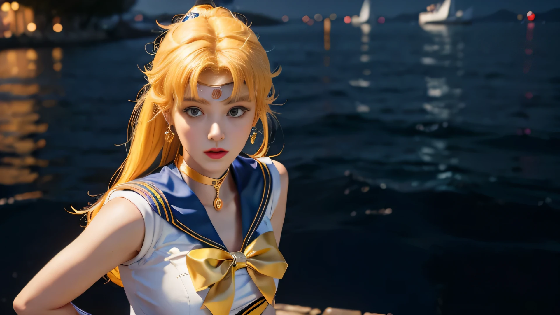((masterpiece:1.4)、(highest quality:1.4)、(realistic:1.7))、Masseter muscle part:1.4、beautiful girl、(sailor moon:1.4)、Tsukino Usagi、body fit sexy sailor senshi uniform、(latex shiny)、(The jacket is a white sleeveless sailor uniform..)、(The skirt is a sexy super ultra mini skirt in blue..)、White panties visible from the crotch:1.2、The collar of the sailor suit is blue with two thin lines...、high leg swimsuit、red cloth decoration on the chest、(wearing white gloves)、pretty girl、super beautiful、sharp focus、portrait photography、upper body shot:1.4、beautiful face、beautiful eyes、tight waist、(yellow hair:1.4)、(hair length:1.2)、RAW photo、red lips、red boots:1.4、choker:1.4、necklace:1.4、earrings:1.4、A gorgeous golden tiara on the forehead:1.4、1 screen display、The landscape is a spaceport of a futuristic city、sexy pose、perfect body、,(lie:1.3)、