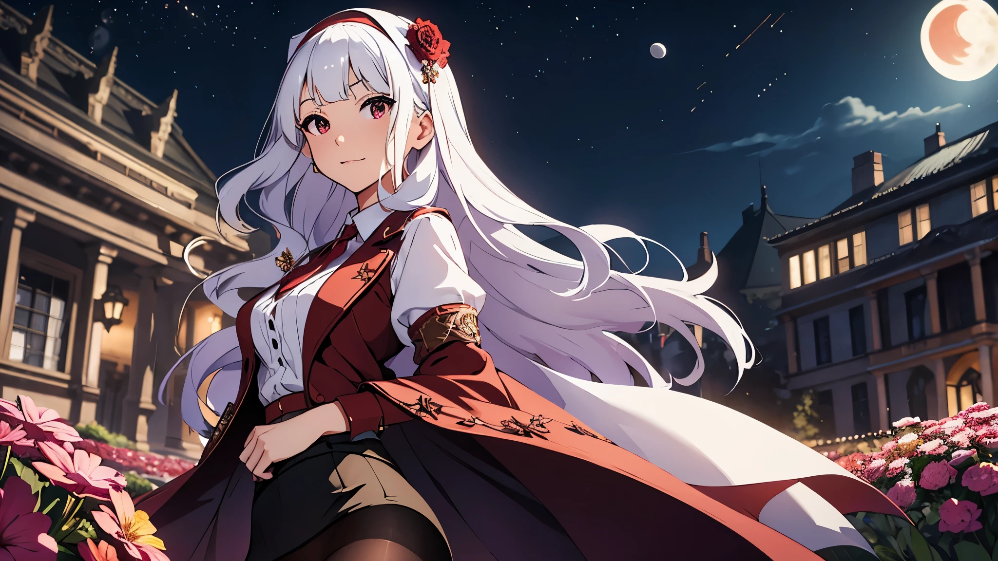 CG, unity, 8k, wallpaper, highest quality, masterpiece, lovely woman, 18-year-old, white hair, white skin, BREAK, white blouse, dark red skirt, (pantyhose:1.3), (Realistic:1.2), best lighting, complex pupils, complex textile, detailed background, (There is a moon at the back: 1.3), starry skies, night, In the flower garden