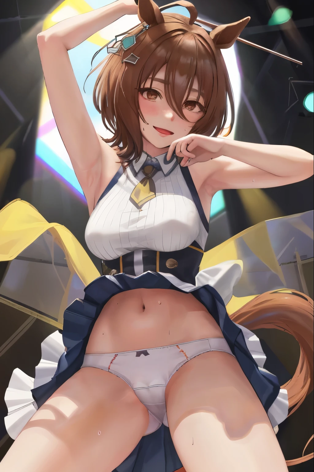 sexy dance show,agnes tachyon \(umamusume\),good anatomy, masterpiece, best quality,realistic, hyperrealistic, 16k hdr,(Live Stage:1.2),(skirt lift,wind lift:1.4),Stage costumes,Horse tail,ultra miniskirt,navel,sweat,large breasts,upper body,smile,erected nipples,from below,show off micro panties,spread legs