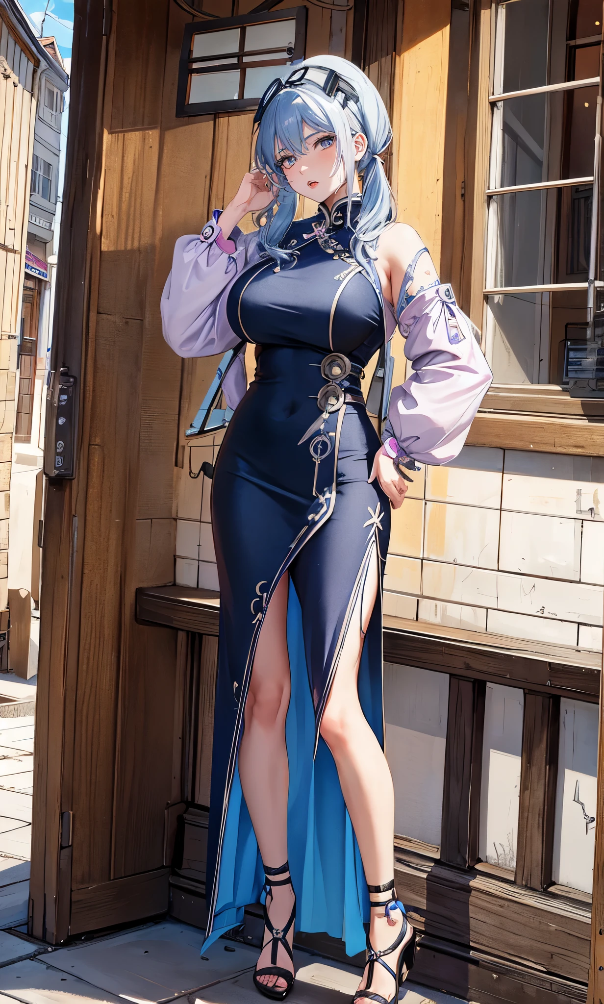 Nordic town,(blue purple hair),(big clip on her hair:2.0),big clip on head,Delicately tied up short hair,Standing close-up,dream world,Mature lady,(Slender gray-white red phoenix eyes,pink lipstick,long eyelashes),long eyelashes,Contact lenses,Pink manicure,curly bangs,(Light blue gauze,Lace low-cut midriff-baring cheongsam,High slit cheongsam dress：2.0),(big breast)(soft light and shadow：1.9),leg rings,绑着刀的leg rings,(old style high heels),black stokings,Detailedly drawn backgrounds